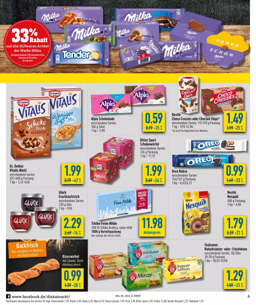 Aktueller Prospekt Diska - Prospekte - von 12.12 bis 17.12.2022 - strona 8 - produkty: alpia, aufstrich, chips, choclait chips, choco crossies, crossies, Dr. Oetker, eis, frucht, fruchtaufstrich, früchte, Früchtetee, Käse, Käsezwirbel, keks, kekse, kräuter, müsli, natur, nesquik, oreo, reis, ritter, ritter sport, schoko, schokolade, schokowürfel, Sport, Tchibo, tee, teekanne, Ti, vita, vitalis, vitalis müsli, würfel, ZTE