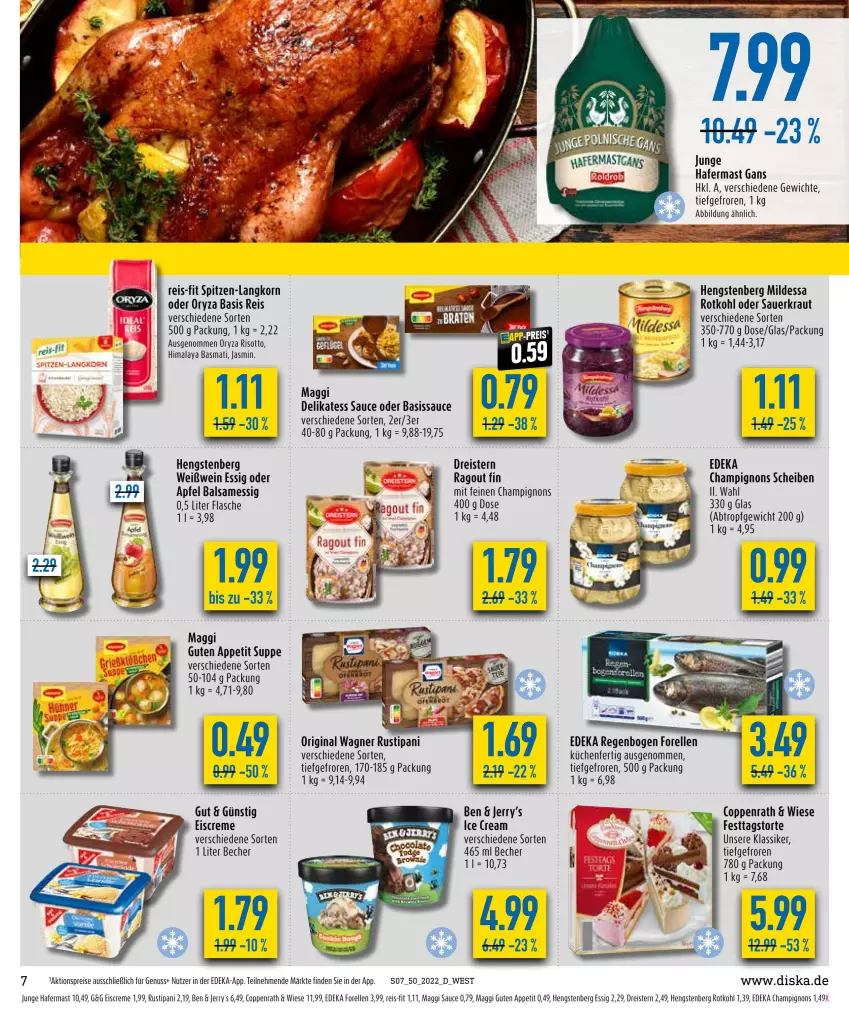 Aktueller Prospekt Diska - Prospekte - von 12.12 bis 17.12.2022 - strona 9 - produkty: aktionspreis, apfel, auer, balsam, basmati, Becher, champignon, champignons, coppenrath, creme, deka, delikatess sauce, dreistern, eis, eiscreme, elle, essig, flasche, forelle, gin, hafer, hengstenberg, korn, Kraut, küche, Küchen, maggi, nuss, original wagner, oryza, Ragout, reis, reis-fit, rel, risotto, rotkohl, rustipani, sauce, Sauerkraut, spitzen-langkorn, suppe, Ti, torte, wagner, wein, Weißwein