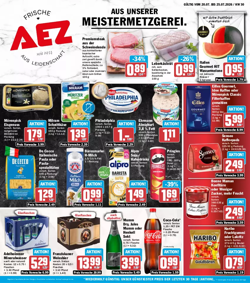 Aktueller Prospekt Aez - Prospekte - von 20.07 bis 25.07.2026 - strona 1 - produkty: adelholzener, alkohol, almighur, almighurt, alpro, Alwa, bärenmarke, beutel, bier, bonne maman, coca-cola, cola, De Cecco, drink, drinks, ecco, ehrmann, ehrmann almighurt, eilles gourmet, eis, elle, filterkaffee, flasche, fleisch, franziskaner, frucht, fruchtfleisch, fruchtgummi, glasflasche, grill, hafer, Haferdrink, haribo, henkel, henkell, henkell sekt, Holz, ideal zum grillen, italienische pasta, jules mumm, kaffee, kaffeepads, Käse, konfitüre, Lakritz, leberkäs, mam, Meister, melone, milch, milram, mineralwasser, mövenpick, mövenpick eis, mumm, natur, nuss, oder lakritz, pasta, philadelphia, pringles, reis, rel, ring, Schal, Schale, schnittkäse, schwein, schweine, sekt, senseo, soja, Spezi, steak, Ti, tisch, trolli, wasser, wassermelone, wein, weine, weissbier, ZTE, zucker