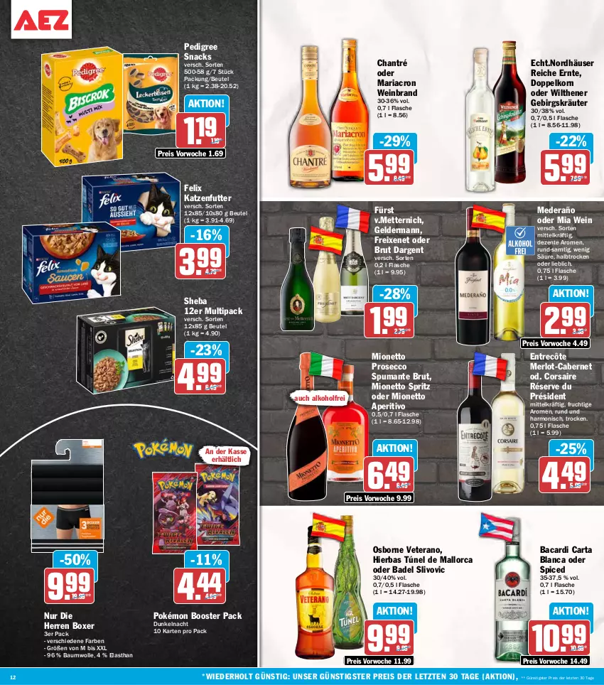 Aktueller Prospekt Aez - Prospekte - von 20.07 bis 25.07.2026 - strona 12 - produkty: alkohol, bacardi, Bad, Bau, baumwolle, beutel, brut, brut dargent, cabernet, chantré, Corsaire, doppelkorn, ecco, eis, ente, entrecôte, felix, flasche, freixenet, frucht, geldermann, katzenfutter, korn, kräuter, mariacron, merl, merlot, Mett, metternich, mionetto, osborne, pedigree, prosecco, puma, reis, Ria, sheba, snack, snacks, spumante, Ti, veterano, wein, weinbrand, wilthener, wolle, ZTE