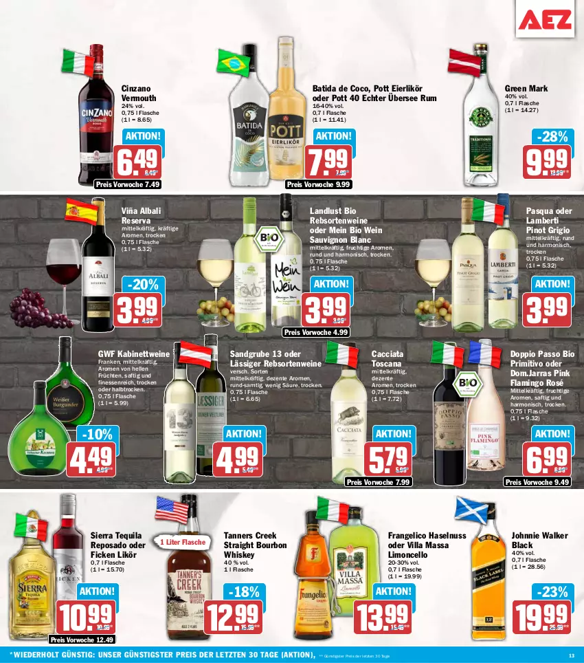 Aktueller Prospekt Aez - Prospekte - von 20.07 bis 25.07.2026 - strona 13 - produkty: ACC, Amber, batida, bio, bourbon, bourbon whiskey, cin, cinzano, doppio passo, eier, eierlikör, eis, elle, ente, finesse, flasche, frangelico, frucht, früchte, früchten, haselnuss, johnnie walker, kabinett, lack, likör, limo, nuss, passo, Pinot, pinot grigio, primitivo, rebsortenweine, reis, rum, saft, sauvignon, sauvignon blanc, Sierra, sierra tequila, tequila, Ti, Vermouth, wein, weine, whiskey, ZTE