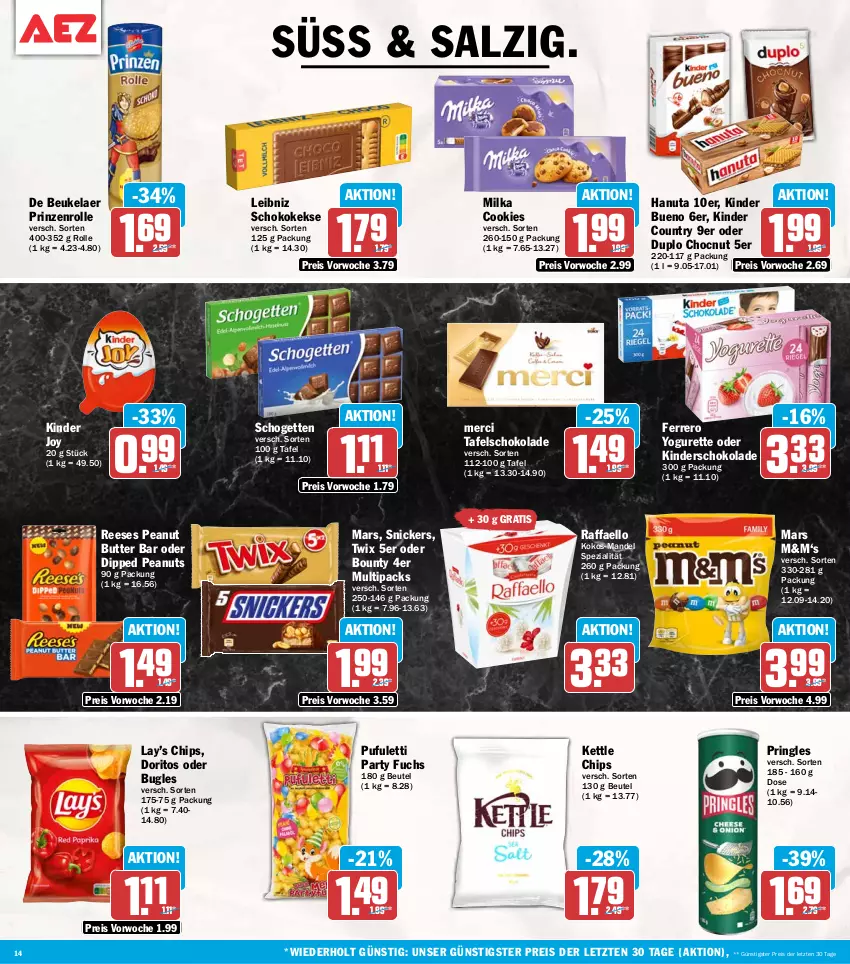 Aktueller Prospekt Aez - Prospekte - von 20.07 bis 25.07.2026 - strona 14 - produkty: beutel, bounty, bugles, butter, chips, cookie, cookies, de beukelaer, dip, Doritos, duplo, eis, ferrero, hanuta, keks, kekse, Kinder, kinder bueno, kinder country, kokos, leibniz, mandel, mars, merci, milka, peanut butter, pringles, prinzenrolle, raffaello, reis, ring, salz, schogetten, schoko, schokolade, snickers, Spezi, tafelschokolade, Ti, twix, Yo, yogurette, ZTE