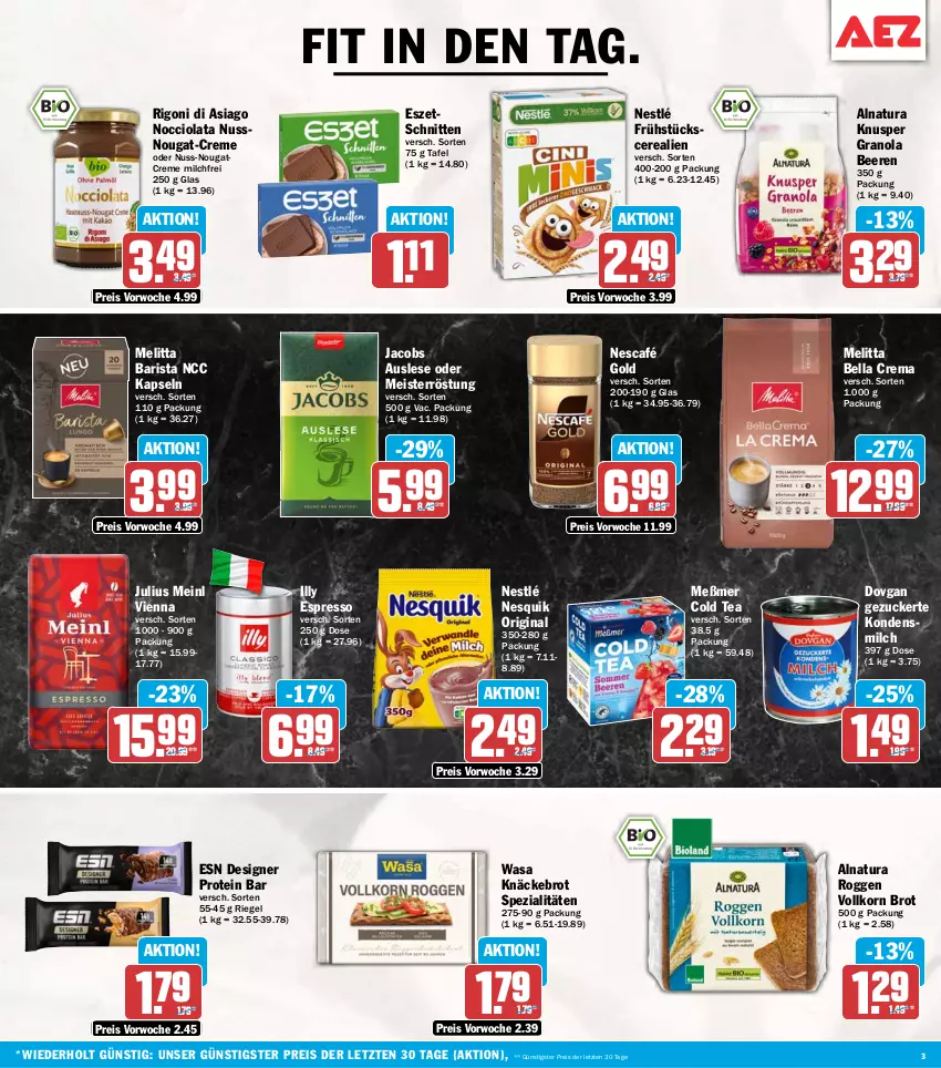 Aktueller Prospekt Aez - Prospekte - von 20.07 bis 25.07.2026 - strona 3 - produkty: beere, beeren, bella crema, brot, cerealien, creme, dovgan, eis, espresso, gin, jacobs, Julius Meinl, knäckebrot, kondensmilch, korn, Meister, meisterröstung, melitta, Meßmer, milch, natur, natura, Nescafé, nescafé gold, nesquik, nestlé, Nougatcreme, nuss, reis, riegel, schnitten, Spezi, Ti, wasa, ZTE, zucker