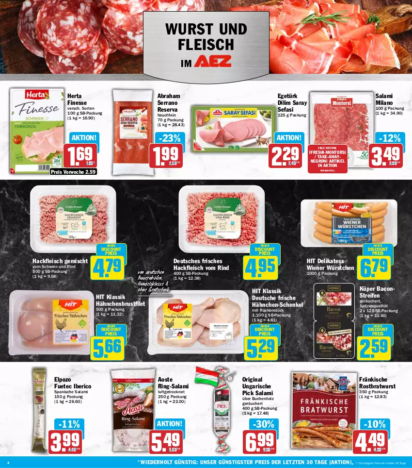 Aktueller Prospekt Aez - Prospekte - von 20.07 bis 25.07.2026 - strona 4 - produkty: auer, bacon, Bau, Bauer, bratwurst, brustfilet, buch, discount, eis, ente, filet, finesse, fleisch, Frische Hähnchen, gin, hackfleisch, hackfleisch gemischt, hähnchen-schenkel, hähnchenbrust, hähnchenbrustfilet, henkel, herta, herta finesse, Holz, montorsi, reifen, reis, rind, ring, rostbratwurst, salami, schenkel, schwein, schwein und rind, serrano, spitzenqualität, Ti, vom schwein und rind, wein, wiener, wiener würstchen, wurst, würstchen, ZTE