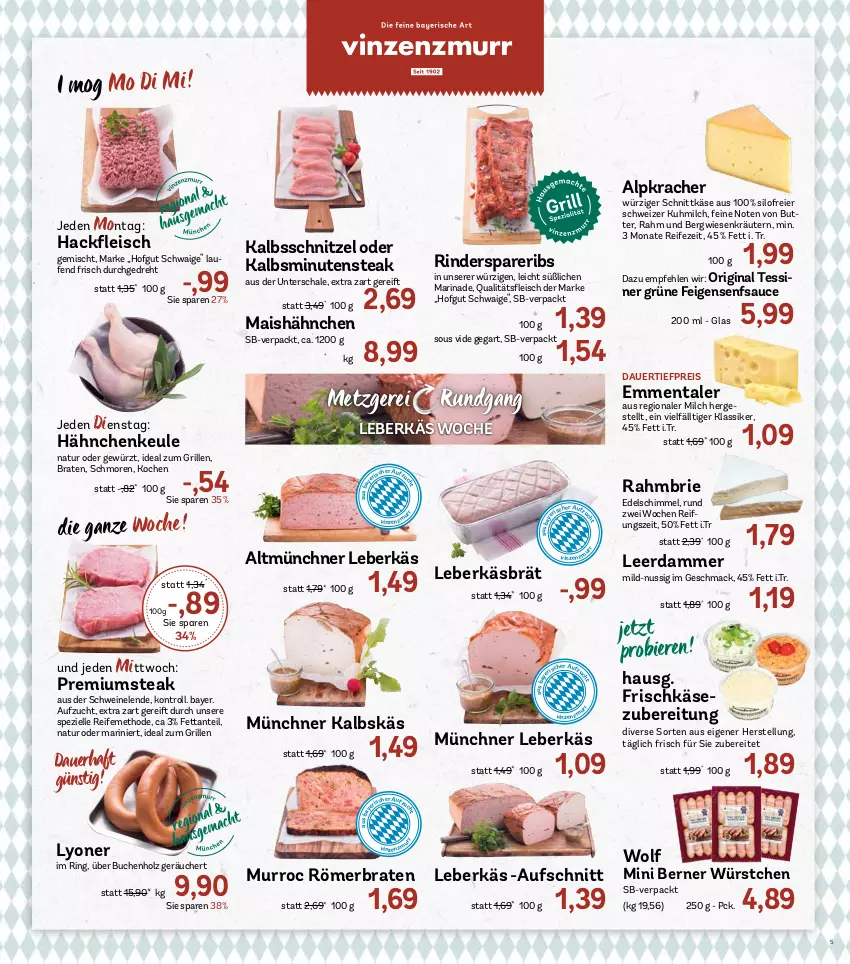 Aktueller Prospekt Aez - Prospekte - von 20.07 bis 25.07.2026 - strona 5 - produkty: auer, aufschnitt, bier, Biere, braten, brie, buch, butter, dauertiefpreis, eier, eis, elle, emmentaler, Feigen, fleisch, frischkäse, frischkäsezubereitung, gewürz, gin, grill, hackfleisch, hackfleisch gemischt, hofgut, Holz, ideal zum grillen, kalbsschnitzel, Käse, kracher, kräuter, kräutern, Laufen, leberkäs, leerdammer, lyoner, mac, mais, marinade, milch, natur, nuss, reis, rind, rinder, ring, sauce, Schal, Schale, schnittkäse, schnitzel, schwein, schweine, senf, spareribs, Spezi, steak, Ti, tiefpreis, wein, weine, würstchen, Yo