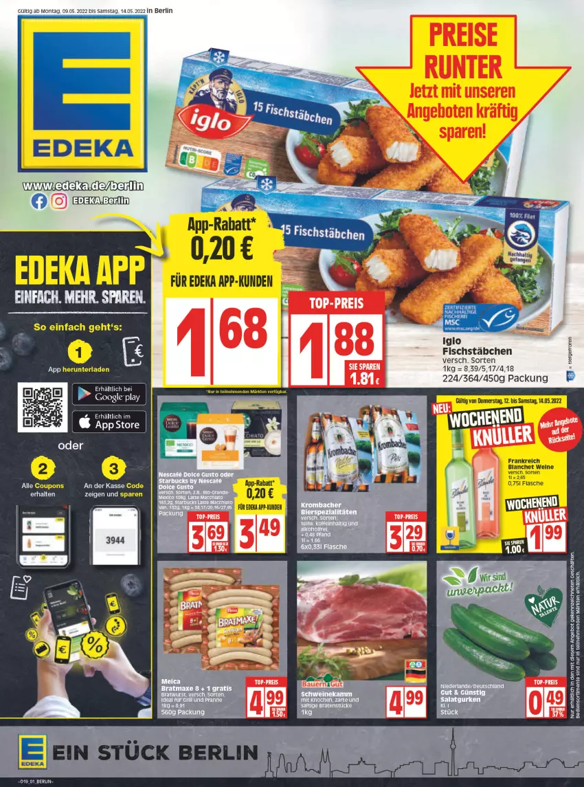 Aktueller Prospekt Edeka - Angebote der Woche - von 09.05 bis 14.05.2022 - strona 1 - produkty: aeg, angebot, auer, Bau, Bauer, deka, eier, eis, ente, fisch, fische, Fischer, fischstäbchen, flasche, für grill und pfanne, grill, grill und pfanne, ideal für grill, ideal für grill und pfanne, iglo, pfanne, reis, Schere, schwein, schweine, Ti, und pfanne, wein, weine