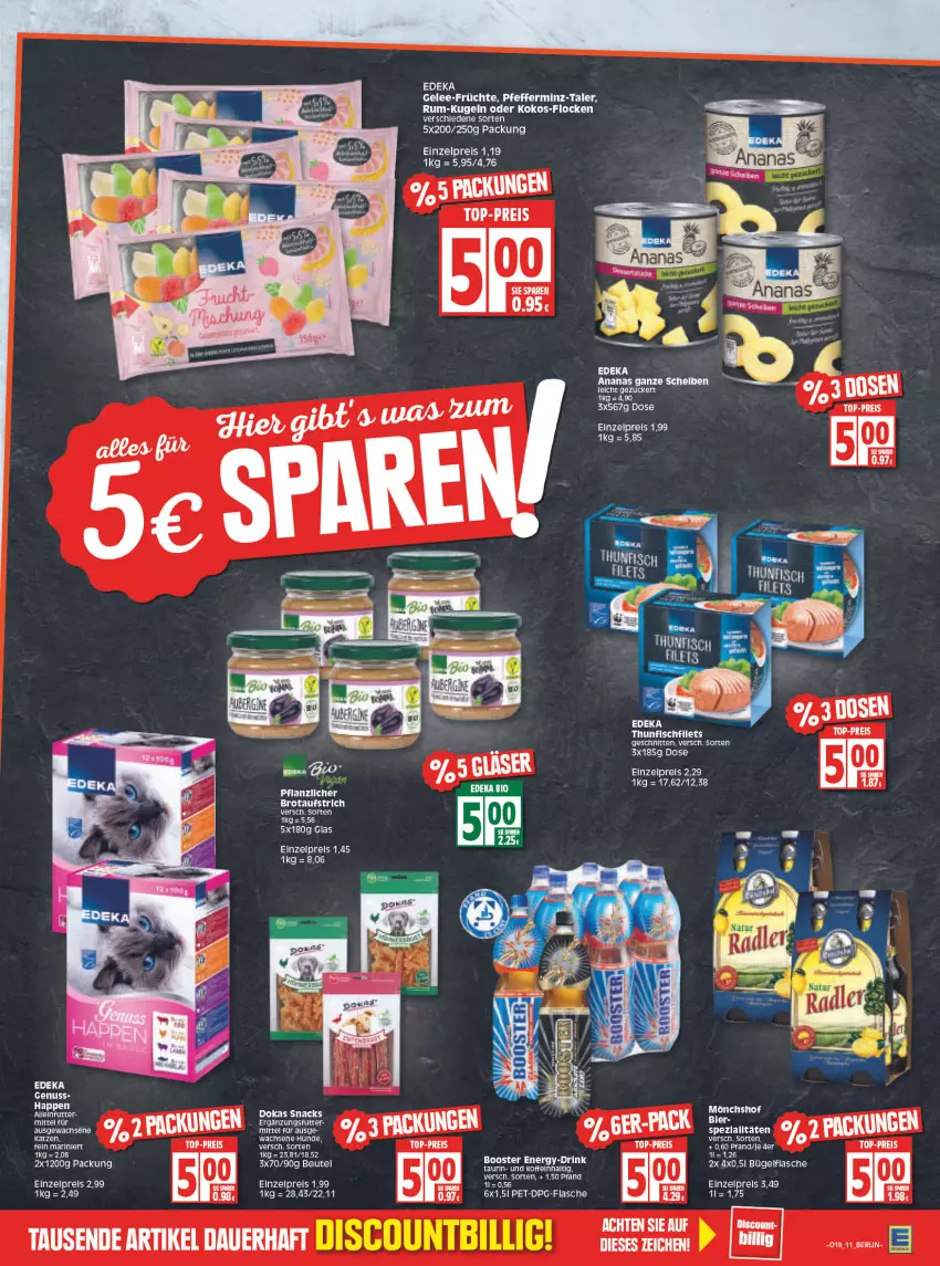 Aktueller Prospekt Edeka - Angebote der Woche - von 09.05 bis 14.05.2022 - strona 11 - produkty: ananas, auer, aufstrich, beutel, brot, brotaufstrich, bügel, bügelflasche, deka, drink, eis, fisch, flasche, früchte, gelee, kokos, Kugel, mönchshof, pfeffer, reis, rel, rum, schnitten, Ti, top-preis, zucker