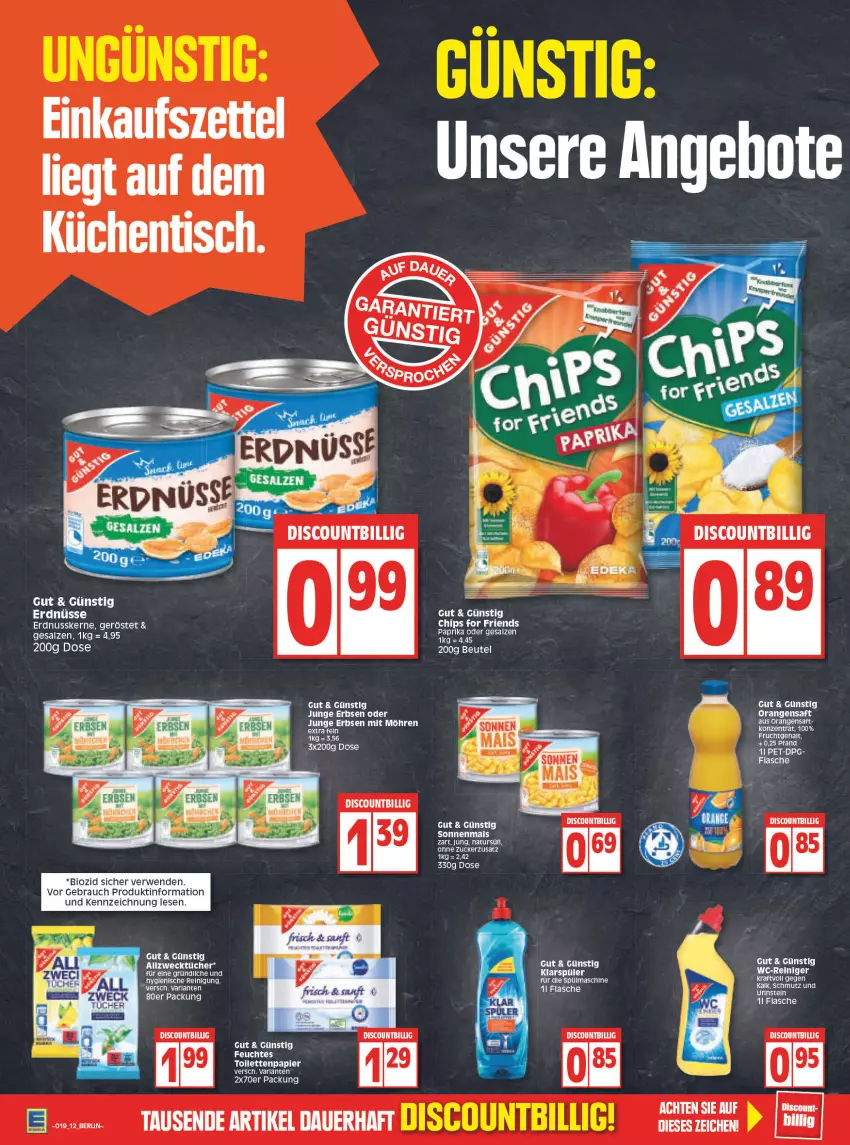 Aktueller Prospekt Edeka - Angebote der Woche - von 09.05 bis 14.05.2022 - strona 12 - produkty: Allzwecktücher, auer, beutel, bio, chips, discount, ente, erbsen, flasche, junge erbsen, klarspüler, kraft, küche, Küchen, mais, möhren, orange, orangen, orangensaft, papier, paprika, Rauch, reiniger, Reinigung, rwe, saft, salz, Ti, tisch, tücher, wc-reiniger, weck, zucker