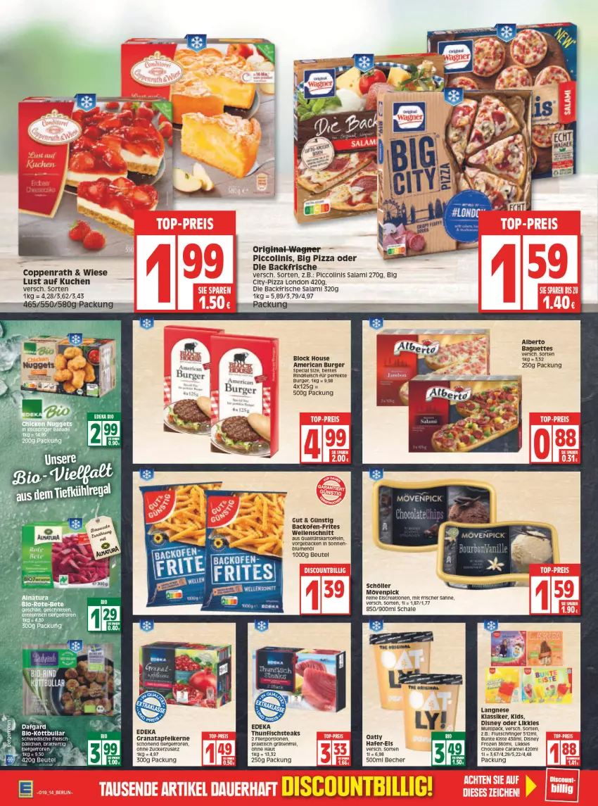 Aktueller Prospekt Edeka - Angebote der Woche - von 09.05 bis 14.05.2022 - strona 14 - produkty: apfel, backofen, baguette, baguettes, Becher, beutel, bio, blume, blumen, blumenöl, burger, caramel, cola, coppenrath, disney, eis, elle, fisch, fleisch, geback, gin, grana, granatapfel, granatapfelkerne, hafer, kartoffel, kartoffeln, Köttbullar, kuchen, langnese, Lust auf Kuchen, mövenpick, Ofen, piccolinis, pizza, Rana, rel, rind, rindfleisch, sahne, salami, Schal, Schale, schnitten, Schöller, steak, steaks, thunfisch, Ti, tisch, wagner, zucker