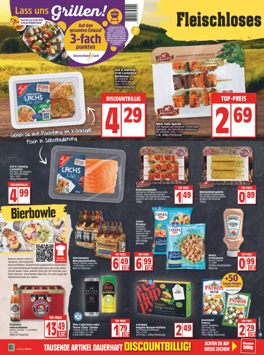 Aktueller Prospekt Edeka - Angebote der Woche - von 09.05 bis 14.05.2022 - strona 2 - produkty: aus dem kühlregal, barbecue, beutel, bier, bowle, burger, deka, discount, eis, ente, erbsen, flasche, fleisch, früchte, früchten, garnier, grill, grillsauce, Halloumi, Hefe, ideal für grill, Käse, kühlregal, LG, mais, Mantel, marinade, mit paprika, nuss, paprika, Paula, paulaner, prawns, regal, reis, rezept, sauce, saucen, sekt, störtebeker, Three Sixty, Ti, Tofu, tomate, tomaten, top-preis, zwiebel, zwiebeln