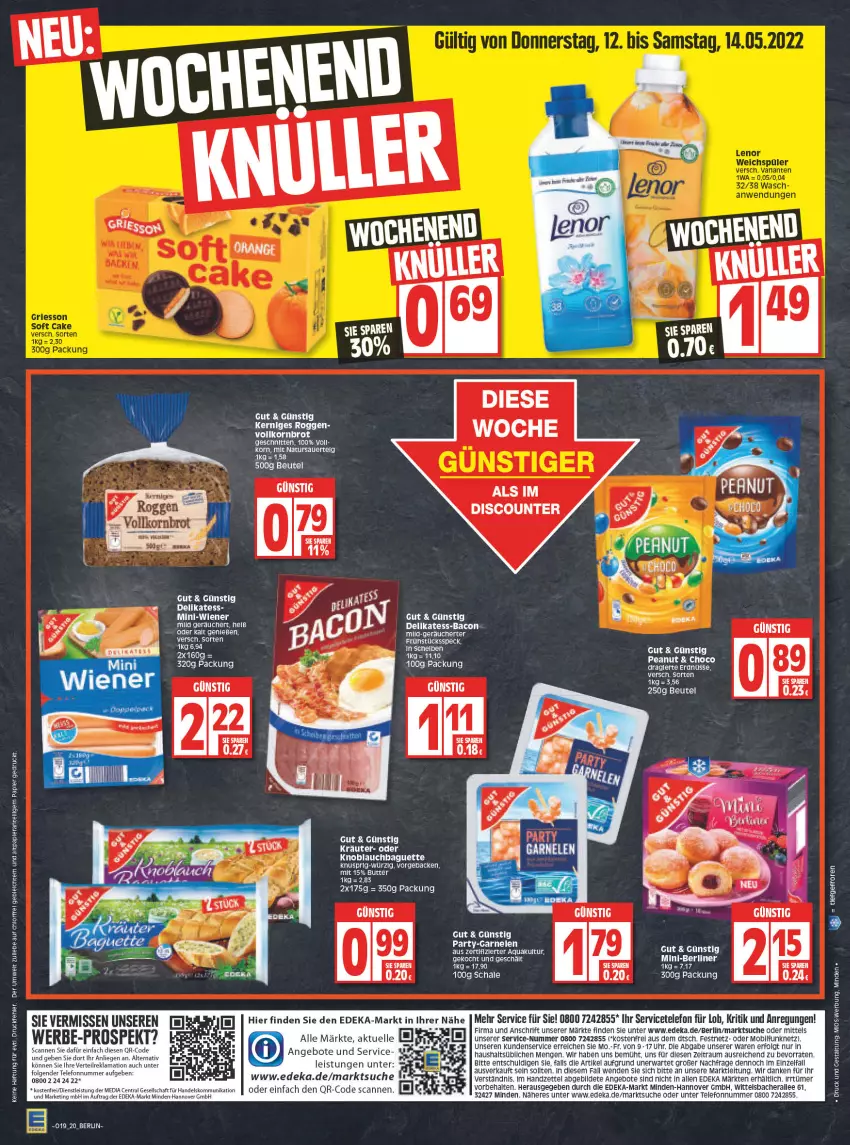 Aktueller Prospekt Edeka - Angebote der Woche - von 09.05 bis 14.05.2022 - strona 20 - produkty: angebot, angebote, aqua, auer, bacon, baguette, beutel, brot, butter, deka, discount, eis, elle, Frühstücksspeck, geback, knoblauch, Knoblauchbaguette, korn, Kornbrot, LG, Liege, natur, papier, rel, Schal, Schale, schnitten, Speck, telefon, Ti, uhr, wiener