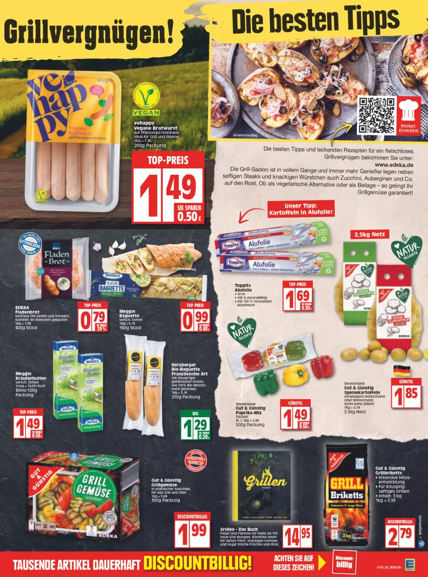 Aktueller Prospekt Edeka - Angebote der Woche - von 09.05 bis 14.05.2022 - strona 3 - produkty: aubergine, auberginen, auer, baguette, beko, Berger, bio, bratwurst, briketts, brot, buch, deka, discount, eier, eis, fisch, Fladenbrot, fleisch, früchte, geback, gin, grill, grillbriketts, herzberger, ilag, Intel, kartoffel, kartoffeln, LG, meggle, Ofen, paprika, pflanze, pflanzen, reis, rezept, rezepte, saft, sesam, steak, steaks, steinofen, Ti, top-preis, toppits, Vegeta, WICK, wurst, würstchen, zucchini