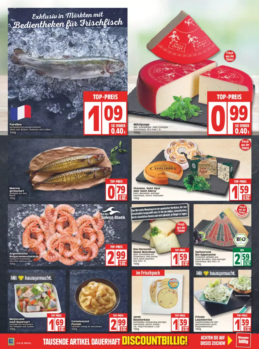 Aktueller Prospekt Edeka - Angebote der Woche - von 09.05 bis 14.05.2022 - strona 6 - produkty: albray, appenzeller, auer, Bau, Bauer, bio, braten, chaumes, eier, elle, forelle, frischkäse, garnelen, grill, hartkäse, HP, ideal zum braten, Käse, küche, Küchen, mac, Makrele, Manchego, milch, nuss, Rauch, rel, Saint Agur, saint albray, salat, schnitten, schnittkäse, schweizer hartkäse, terrine, Ti, tisch