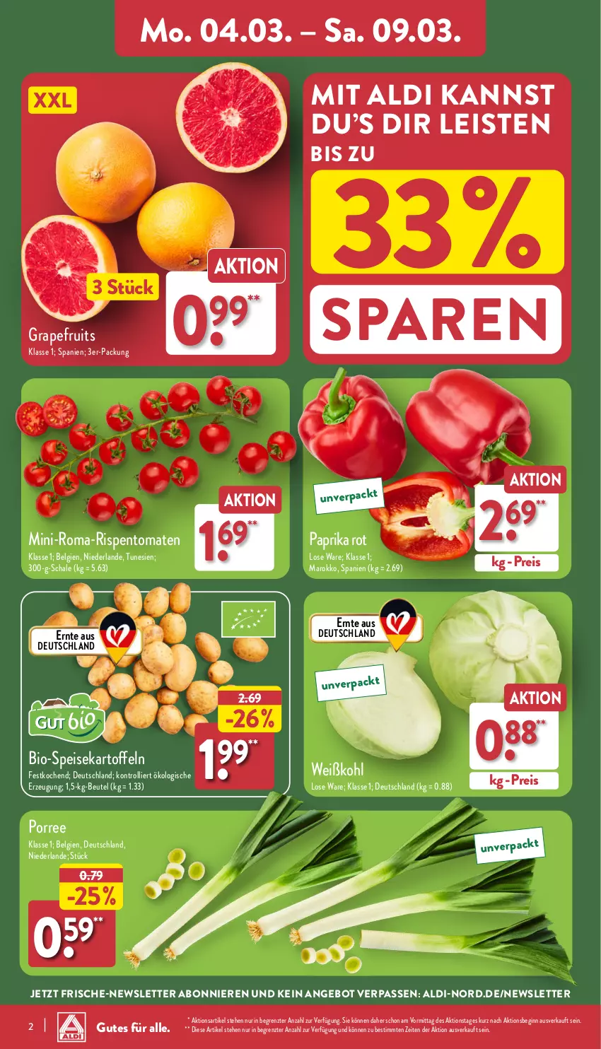 Aktueller Prospekt Aldi Nord - Von Montag - von 04.03 bis 09.03.2024 - strona 2 - produkty: aldi, angebot, beutel, bio, eis, gin, grapefruit, kartoffel, kartoffeln, LG, paprika, paprika rot, reis, rispentomaten, Schal, Schale, speisekartoffeln, Ti, tomate, tomaten, trolli, Weißkohl, ZTE