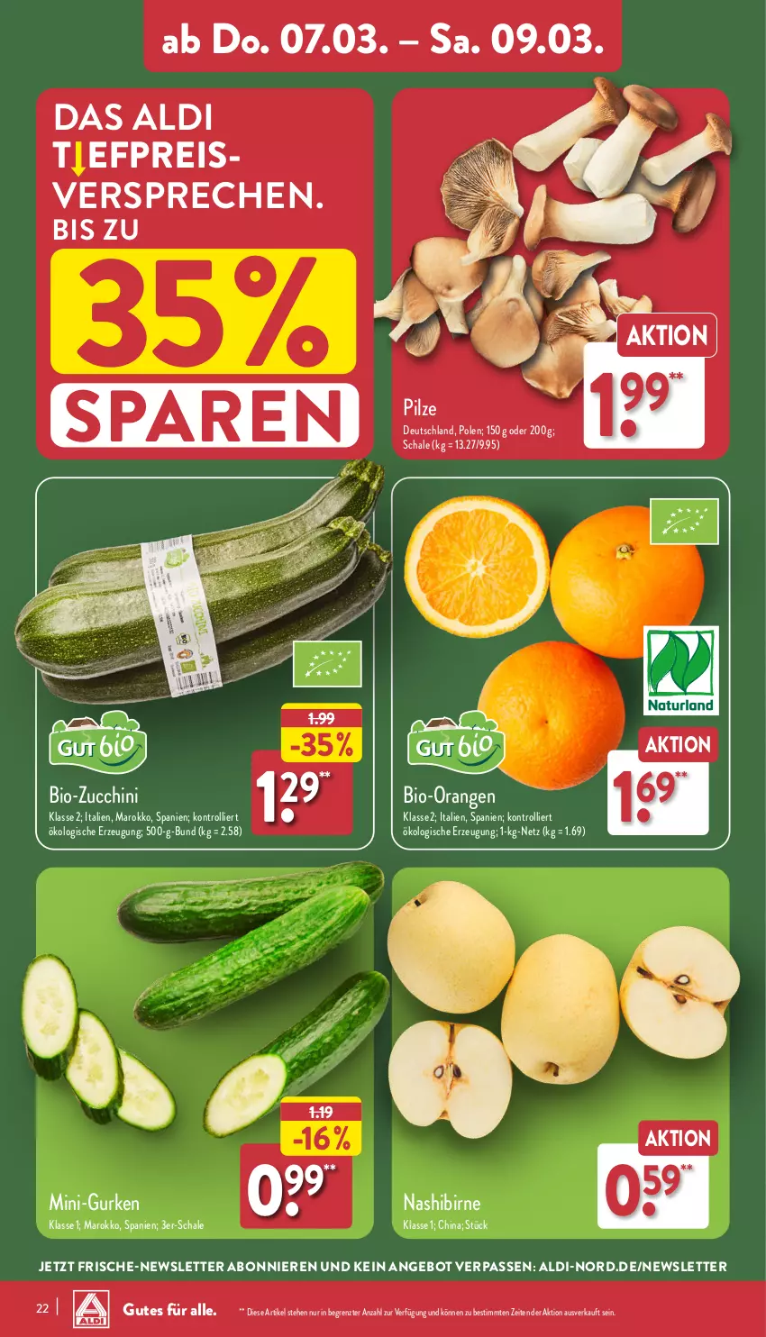 Aktueller Prospekt Aldi Nord - Von Montag - von 04.03 bis 09.03.2024 - strona 22 - produkty: aldi, angebot, bio, bio-zucchini, eis, gurke, gurken, mini-gurken, Nashi, orange, orangen, pilze, reis, Schal, Schale, Ti, trolli, ZTE, zucchini