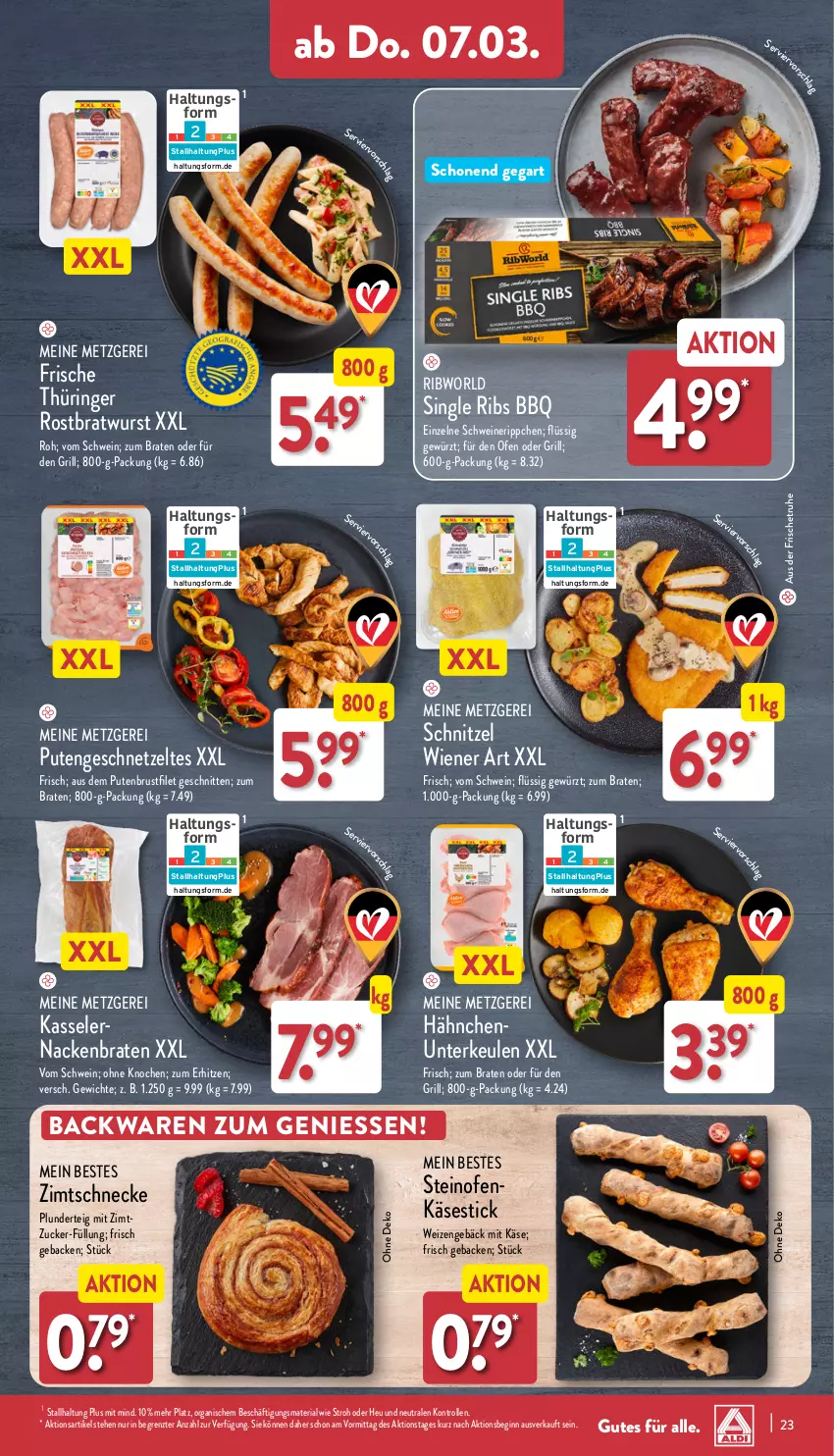 Aktueller Prospekt Aldi Nord - Von Montag - von 04.03 bis 09.03.2024 - strona 23 - produkty: backwaren, braten, bratwurst, brustfilet, filet, geback, geschnetzeltes, gewürz, gin, grill, Heu, Käse, kasseler, Ofen, Ofenkäse, Plunder, pute, putenbrust, putenbrustfilet, Putengeschnetzeltes, Ria, ring, rostbratwurst, schnitten, schnitzel, schwein, schweine, steinofen, thüringer rostbratwurst, Ti, wein, weine, wiener, wurst, Zelt, ZTE, zucker