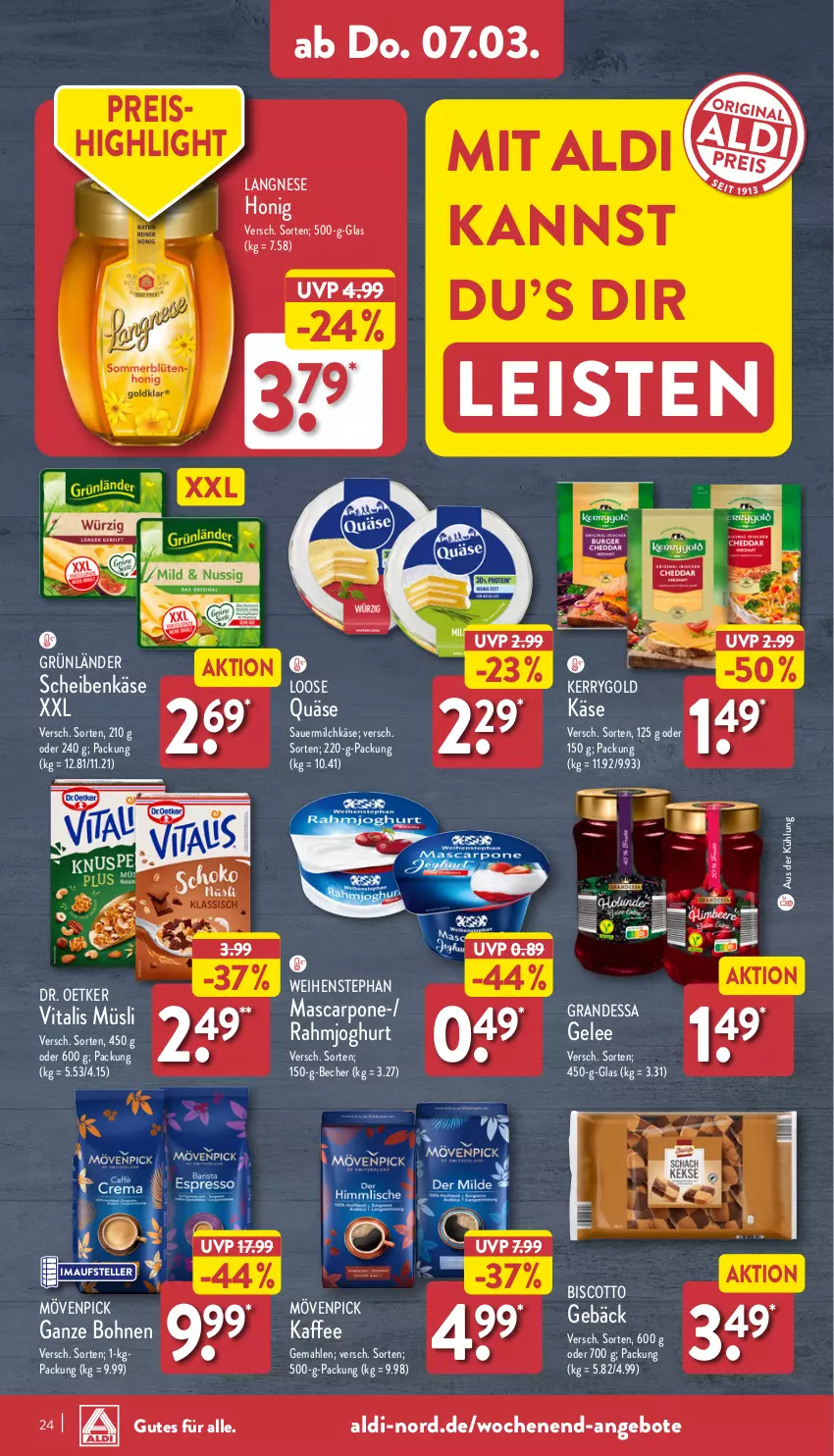 Aktueller Prospekt Aldi Nord - Von Montag - von 04.03 bis 09.03.2024 - strona 24 - produkty: aldi, angebot, angebote, auer, Becher, biscotto, bohne, bohnen, Dr. Oetker, eis, elle, gelee, grandessa, grünländer, honig, joghur, joghurt, kaffee, Käse, kerrygold, langnese, Loose, mascarpone, milch, mövenpick, mövenpick kaffee, müsli, quäse, rahmjoghurt, reis, Sauermilchkäse, teller, Ti, vita, vitalis, vitalis müsli, weihenstephan