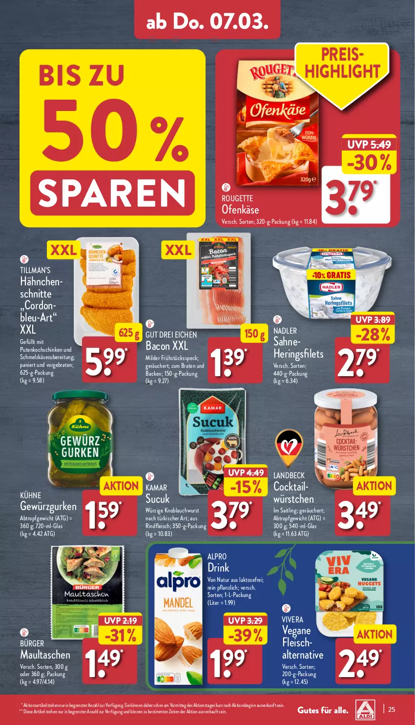 Aktueller Prospekt Aldi Nord - Von Montag - von 04.03 bis 09.03.2024 - strona 25 - produkty: alpro, bacon, braten, cocktail, drink, eis, filet, filets, fleisch, Fleischalternative, Frühstücksspeck, gewürz, Gewürzgurke, gewürzgurken, gin, gurke, gurken, hering, Herings, heringsfilets, Käse, knoblauch, kochschinken, Kühne, maultaschen, nadler, natur, Ofen, Ofenkäse, pute, reis, rind, rindfleisch, ring, rouge, rougette, sahne, Schal, schinken, Schmelzkäse, schmelzkäsezubereitung, Speck, Sucuk, Tasche, taschen, Ti, Vegane Fleisch, wurst, würstchen, ZTE