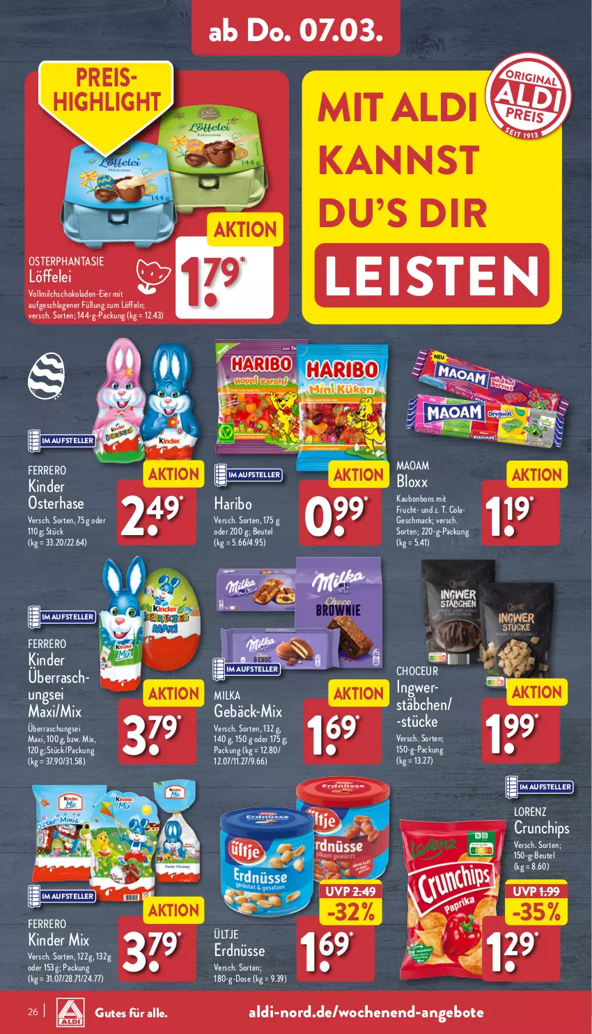 Aktueller Prospekt Aldi Nord - Von Montag - von 04.03 bis 09.03.2024 - strona 26 - produkty: aldi, angebot, angebote, beutel, bonbons, chips, cola, crunchips, eier, eis, elle, erdnüsse, ferrero, frucht, haribo, ingwer, Kinder, Löffel, lorenz, lorenz crunchips, mac, maoam, milch, milka, mit frucht, reis, schoko, schokolade, schokoladen, teller, Ti, ültje, ültje erdnüsse, vollmilch