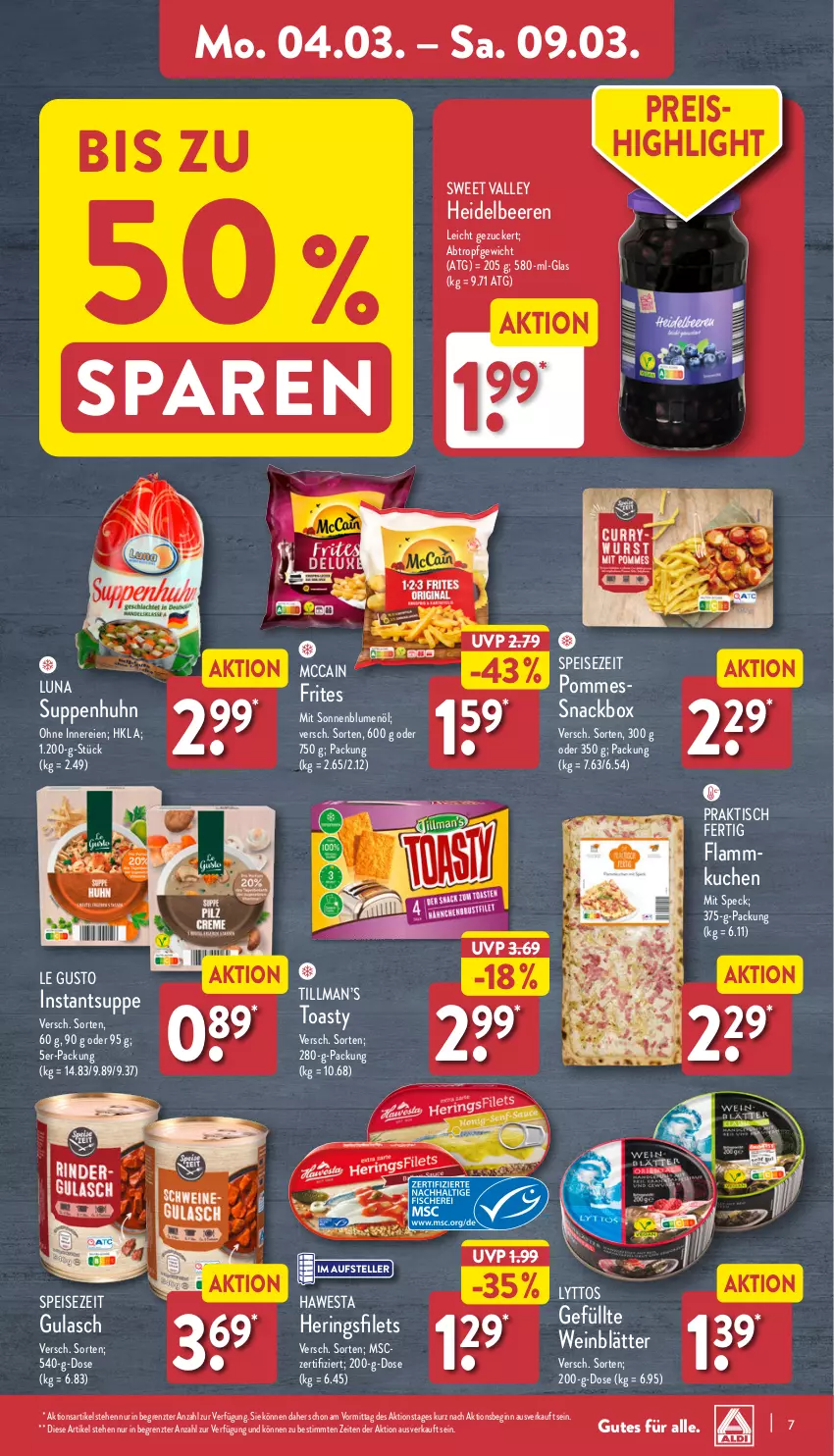 Aktueller Prospekt Aldi Nord - Von Montag - von 04.03 bis 09.03.2024 - strona 7 - produkty: beere, beeren, blume, blumen, blumenöl, eis, elle, filet, filets, flammkuchen, gin, gulasch, hawesta, heidelbeere, heidelbeeren, hering, Herings, heringsfilets, kuchen, lamm, mccain, pommes, reis, ring, snack, sonnenblume, sonnenblumen, sonnenblumenöl, Speck, suppe, suppen, Suppenhuhn, teller, Ti, tisch, toast, toasty, wein, ZTE, zucker