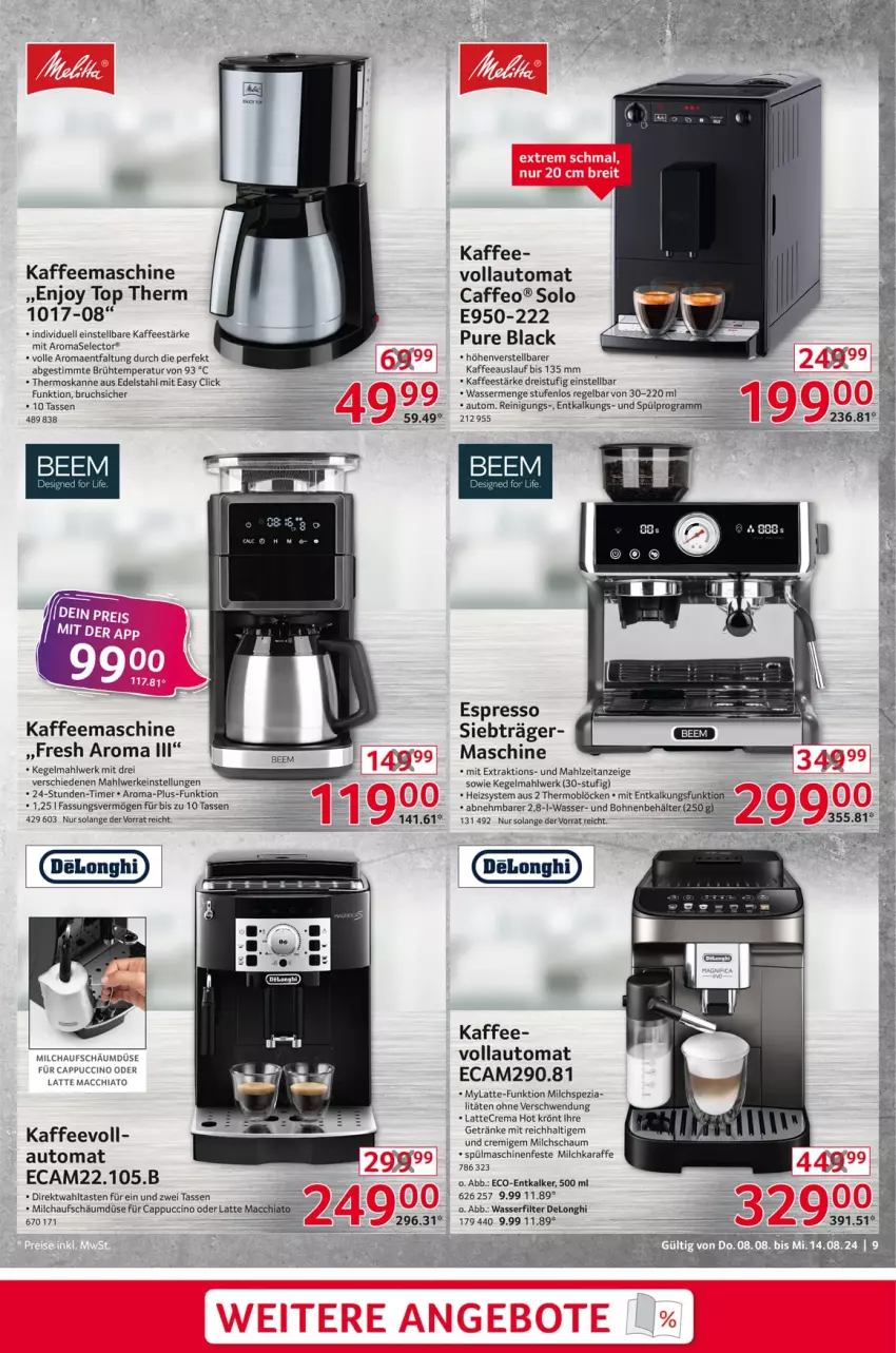 Aktueller Prospekt Selgros - Non Food - von 08.08 bis 14.08.2024 - strona 9 - produkty: ACC, auto, Behälter, bohne, bohnen, caffe, Cap, cappuccino, chia, cin, delonghi, edelstahl, eis, entkalker, espresso, getränk, getränke, kaffee, kaffeemaschine, Karaffe, lack, latte, latte macchiato, mac, macchiato, milch, Reinigung, reis, Spezi, spülmaschinen, tasse, Ti, timer, wasser, wasserfilter