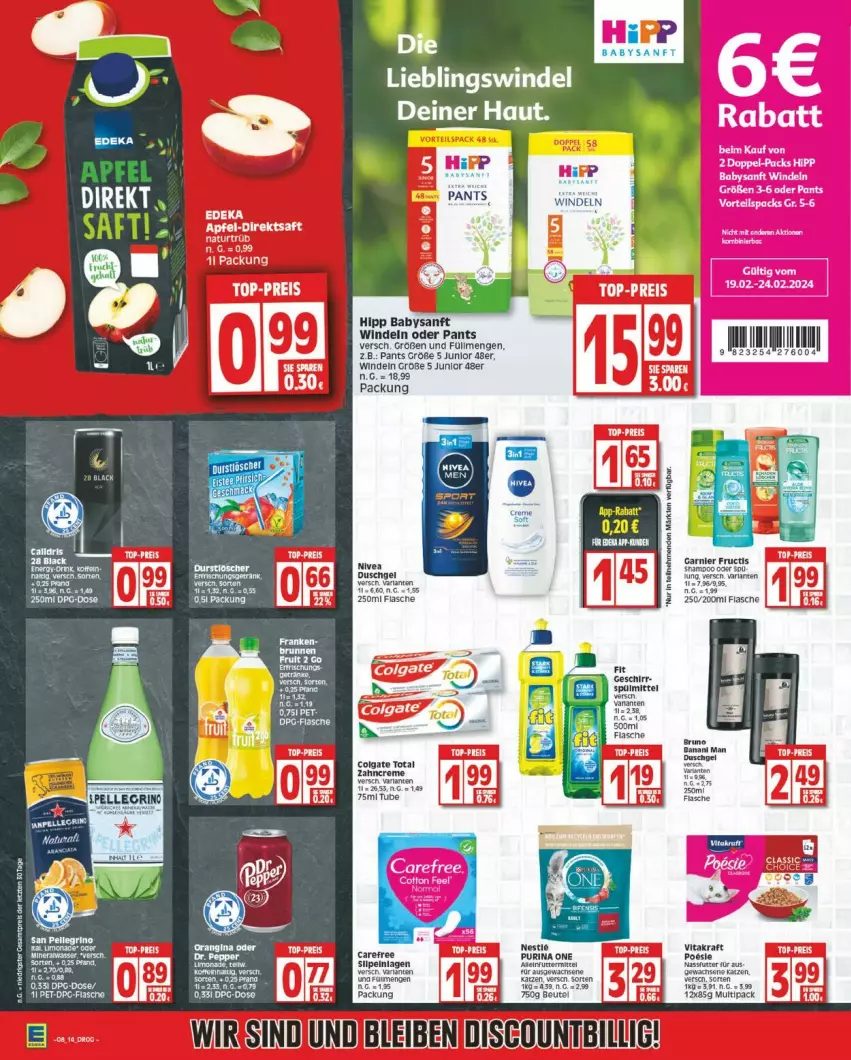 Aktueller Prospekt Edeka - Prospekte - von 19.02 bis 24.02.2024 - strona 14 - produkty: arla, beutel, discount, duschgel, flasche, fructis, garnier, gsw, hipp, natur, natura, Pants, Ti, windeln