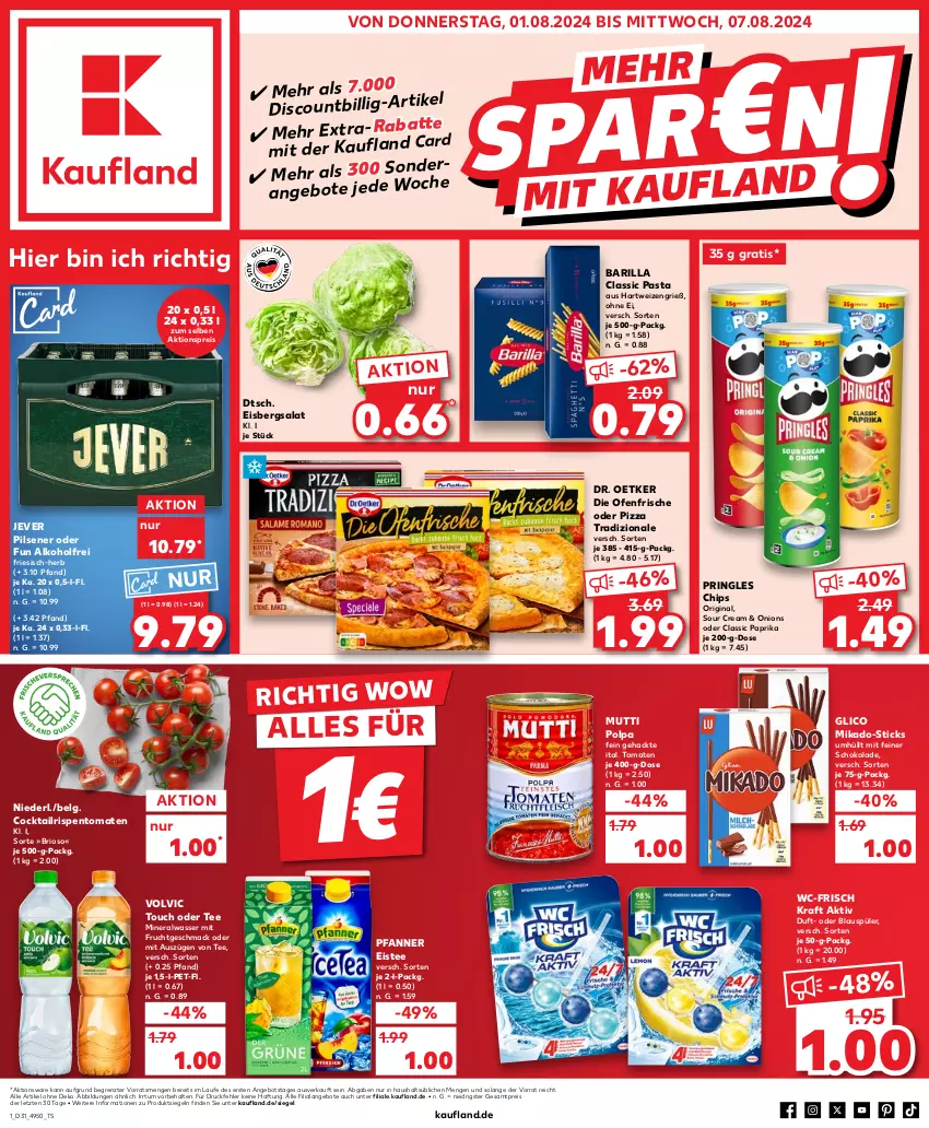 Aktueller Prospekt Kaufland - Prospekt - von 01.08 bis 07.08.2024 - strona 1 - produkty: aktionspreis, alkohol, Alwa, angebot, angebote, barilla, chips, cocktail, die ofenfrische, discount, Dr. Oetker, eis, eisbergsalat, eistee, frucht, gin, hartweizen, jever, jever pilsener, kraft, LG, mac, mikado, mineralwasser, mit frucht, Mutti, Ofen, paprika, pasta, pfanne, Pfanner, pils, pilsener, pizza, pizza tradizionale, pringles, reis, ring, rispentomaten, salat, schoko, schokolade, sour cream, tee, Ti, tomate, tomaten, tradizionale, volvic, wasser, ZTE