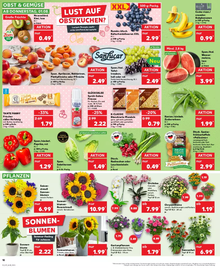 Aktueller Prospekt Kaufland - Prospekt - von 01.08 bis 07.08.2024 - strona 10 - produkty: angebot, aprikose, aprikosen, banane, bananen, beere, beeren, blume, blumen, butter, eis, erbsen, finesse, früchte, Frühkartoffeln, Garten, Gartenpflanze, glücksklee, Hefe, heidelbeere, heidelbeeren, kartoffel, kartoffeln, kiwi, kuchen, Lauchzwiebel, lauchzwiebeln, Löffel, mandel, mandeln, melone, Nektar, nektarinen, obst, oder pfirsiche, orchidee, paprika, pfirsich, pfirsiche, pfirsiche oder, pflanze, pflanzen, plattpfirsiche, radieschen, rezept, rezepte, Ria, rosen, Rosenstrauß, rum, sac, sahne, salat, salatherzen, sim, simba, sonnenblume, sonnenblumen, speisefrühkartoffeln, stifte, tafeltrauben, tante fanny, Ti, topf, topf ø 12 cm, trauben, übertopf, Vase, wasser, ZTE, zucker, zwiebel, zwiebeln