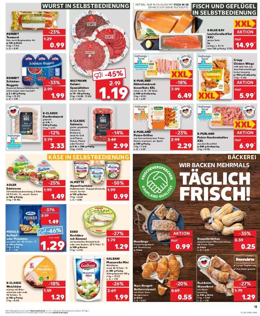 Aktueller Prospekt Kaufland - Prospekt - von 01.08 bis 07.08.2024 - strona 13 - produkty: almette, alpenfrischkäse, angebot, angebote, auer, aufstrich, Becher, bratwurst, brot, brotaufstrich, brötchen, brustfilet, butter, chicken wings, creme, Croissant, doppelrahmstufe, edelcreme, eis, elle, fenchel, filet, filets, fisch, fleisch, forelle, frischkäse, für grill und pfanne, galbani, Geflügel, geschnetzeltes, grill, grill und pfanne, hähnchenbrust, hähnchenflügel, ideal für grill, ideal für grill und pfanne, Käse, katenschinken, lachs, leine, meggle, Mett, mozzarella, natur, Nougatcreme, nuss, pfanne, pizza, Plunder, purland, pute, Putenfleisch, reinert, reis, rel, rostbratwurst, rügenwalder, salami, salsiccia, schinken, Schmelzkäse, schmelzkäsezubereitung, schwein, schweine, Schweinebratwurst, Spezi, tee, teewurst, Ti, und pfanne, weichkäse, wein, weine, weizenbrötchen, wiltmann, würfel, wurst, wurst in selbstbedienung, Zelt, ZTE