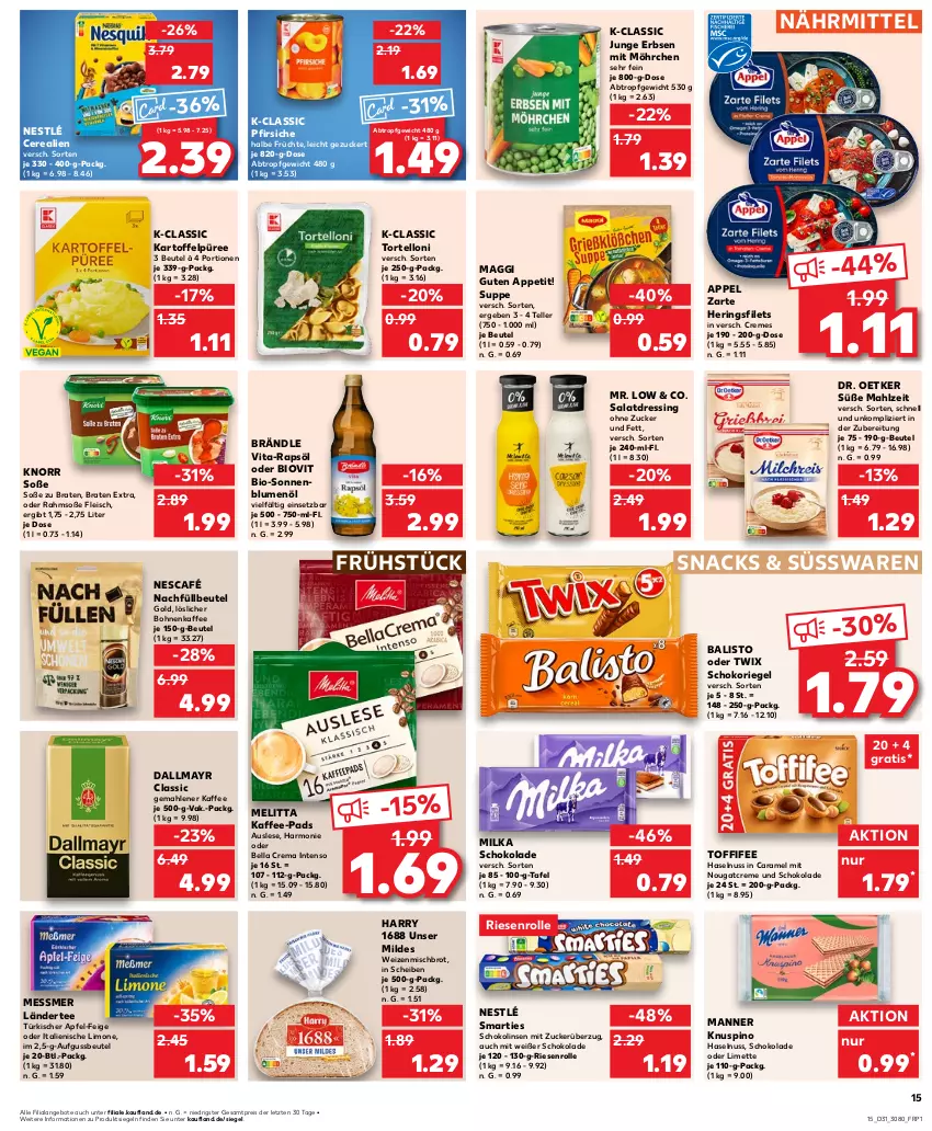 Aktueller Prospekt Kaufland - Prospekt - von 01.08 bis 07.08.2024 - strona 15 - produkty: angebot, angebote, apfel, balisto, bella crema, beutel, bio, blume, blumen, blumenöl, bohne, bohnen, bohnenkaffee, braten, brot, caramel, cerealien, creme, dallmayr, Dr. Oetker, dressing, eis, elle, erbsen, filet, filets, fleisch, früchte, haselnuss, hering, Herings, heringsfilets, intenso, junge erbsen, kaffee, kaffee-pads, kartoffel, Kartoffelpüree, knorr, Ländertee, limette, limo, linsen, löslicher bohnenkaffee, maggi, Manner, melitta, Mett, milka, milka schokolade, Nescafé, nestlé, Nougatcreme, nuss, oder twix, pfirsich, pfirsiche, püree, rapsöl, reis, riegel, ring, salat, salatdressing, schoko, schokolade, Schokolinsen, schokoriegel, smarties, snack, snacks, sonnenblume, sonnenblumen, sonnenblumenöl, Soße, suppe, süsswaren, tee, teller, Ti, toffifee, torte, tortelloni, twix, vita, weizenmischbrot, ZTE, zucker