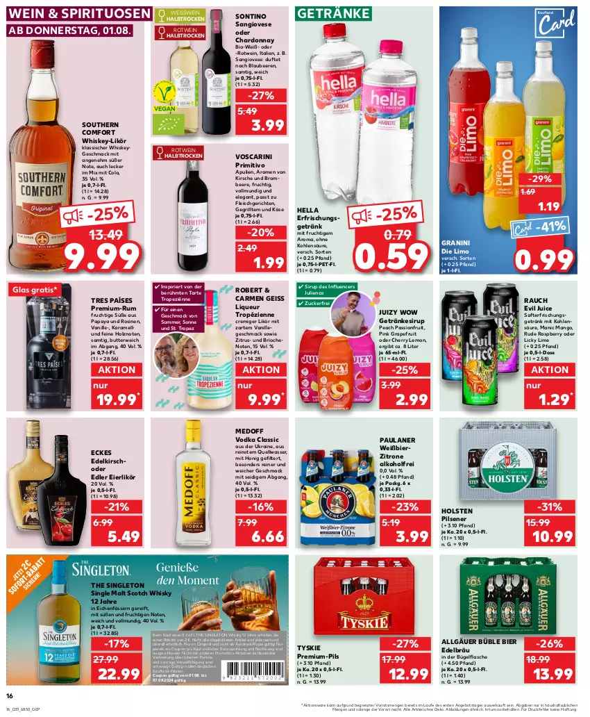 Aktueller Prospekt Kaufland - Prospekt - von 01.08 bis 07.08.2024 - strona 16 - produkty: alkohol, angebot, beere, beeren, bier, bio, Blaubeer, blaubeere, Brei, brombeere, bügel, bügelflasche, butter, chardonnay, cola, coupon, eier, eierlikör, eis, erfrischungsgetränk, flasche, fleisch, frucht, getränk, getränke, getränkesirup, gin, granini, granini die limo, grapefruit, grill, hella, holsten, holsten pilsener, Holz, honig, karamell, Käse, kirsch, kirsche, LG, likör, limo, liqueur, mac, mango, mit frucht, Papaya, Paula, paulaner, pils, pilsener, primitivo, raspberry, Rauch, rotwein, rum, rwe, saft, scotch, scotch whisky, single malt, sirup, Southern Comfort, spirituosen, Ti, tyskie, vanille, vodka, wasser, wein, whiskey, whisky, zitrone, ZTE, zucker