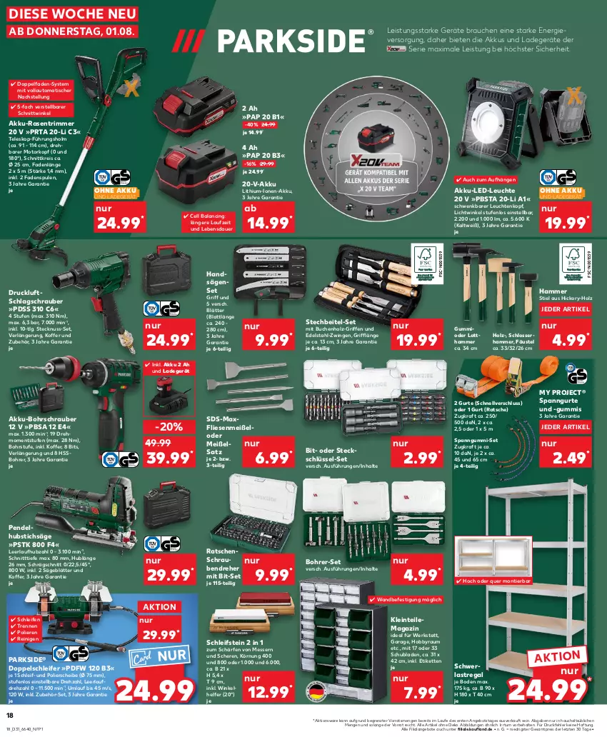 Aktueller Prospekt Kaufland - Prospekt - von 01.08 bis 07.08.2024 - strona 20 - produkty: akku, akku-bohrschrauber, angebot, angebote, auer, auto, Bohrer-Set, Bohrschrauber, buch, cin, edelstahl, eis, Hobby, Holz, Kette, koffer, kraft, ladegerät, LED-Leuchte, Leuchte, leuchten, LG, magazin, messer, nuss, Parkside, Pendelhubstichsäge, rasen, rasentrimmer, Rauch, regal, reis, säge, Schere, schrauben, Schraubendreher, schubladen, schwerlastregal, stichsäge, Teleskop, Ti, tisch, ZTE