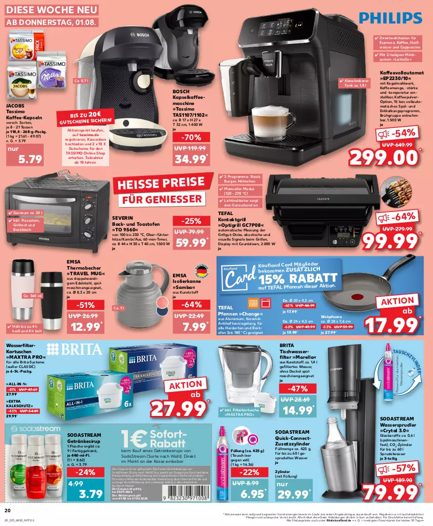 Aktueller Prospekt Kaufland - Prospekt - von 01.08 bis 07.08.2024 - strona 22 - produkty: aktionspreis, angebot, angebote, auto, backofen, Becher, beko, bosch, Brei, brita, burger, Cap, cappuccino, cin, coupon, decke, Deckel, edelstahl, eis, elle, emsa, espresso, filterkartuschen, flasche, garraum, getränk, getränke, getränkesirup, glaskaraffe, grill, grillrost, gutschein, gutscheine, herdarten, isolierkanne, jacobs, jacobs tassimo, kaffee, kaffee-kapseln, kaffeemaschine, kaffeevollautomat, Karaffe, kontaktgrill, latte, LG, Maxtra, milch, Ofen, pfanne, pfannen, pizza, reis, rel, severin, Signal, sim, sirup, Soda, sodastream, Sprudel, spülmaschinen, steak, tasse, tassimo, tefal, Ti, timer, tisch, toast, travel mug, wasser, wasserfilter, wassersprudler, wok, ZTE