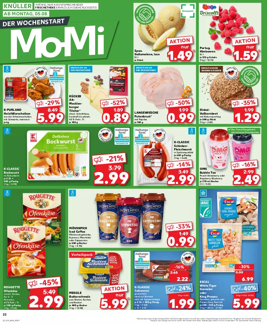 Aktueller Prospekt Kaufland - Prospekt - von 01.08 bis 07.08.2024 - strona 24 - produkty: ACC, angebot, auer, Becher, beere, beeren, blueberry, bockwurst, braten, brot, burger, butter, Butterschmalz, Cabanossi, Cap, cappuccino, chia, cin, eis, escal, espresso, fleisch, fleischwurst, frucht, galiamelone, garnelen, getränk, getränke, himbeer, himbeere, himbeeren, Holz, Käse, korn, Kornbrot, mac, macchiato, malz, meggle, melone, milch, milchmischgetränke, mit paprika, mövenpick, natur, oder cappuccino, Ofen, Ofenkäse, paprika, perlen, prawns, purland, pute, putenbrust, raspberry, rouge, rougette, Schal, Schale, schinken, schinkenfleischwurst, Schmalz, schnittkäse, schwein, schweine, spitzenqualität, suppe, suppen, tee, Ti, Tilsiter, vollkornbrot, wein, weine, wurst, ZTE