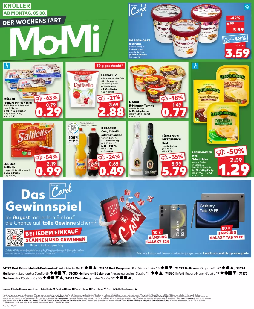 Aktueller Prospekt Kaufland - Prospekt - von 01.08 bis 07.08.2024 - strona 26 - produkty: angebot, angebote, Astra, Bad, Becher, bio, cola, creme, decke, Deckel, dell, eis, eiscreme, erde, feinkost, feinkosttheke, fisch, fischtheke, fleisch, fürst von metternich, gewinnspiel, häagen-dazs, joghur, joghurt, joghurt mit der ecke, Käse, käsetheke, kokos, leerdammer, LG, limo, limonade, lorenz, maggi, mandel, meersalz, Mett, metternich, milch, Mode, Müller, raffaello, reis, saltletts, salz, Samsung, samsung galaxy, Samsung Galaxy S, schnittkäse, sekt, Spiele, terrine, Ti, wein, wurst, ZTE