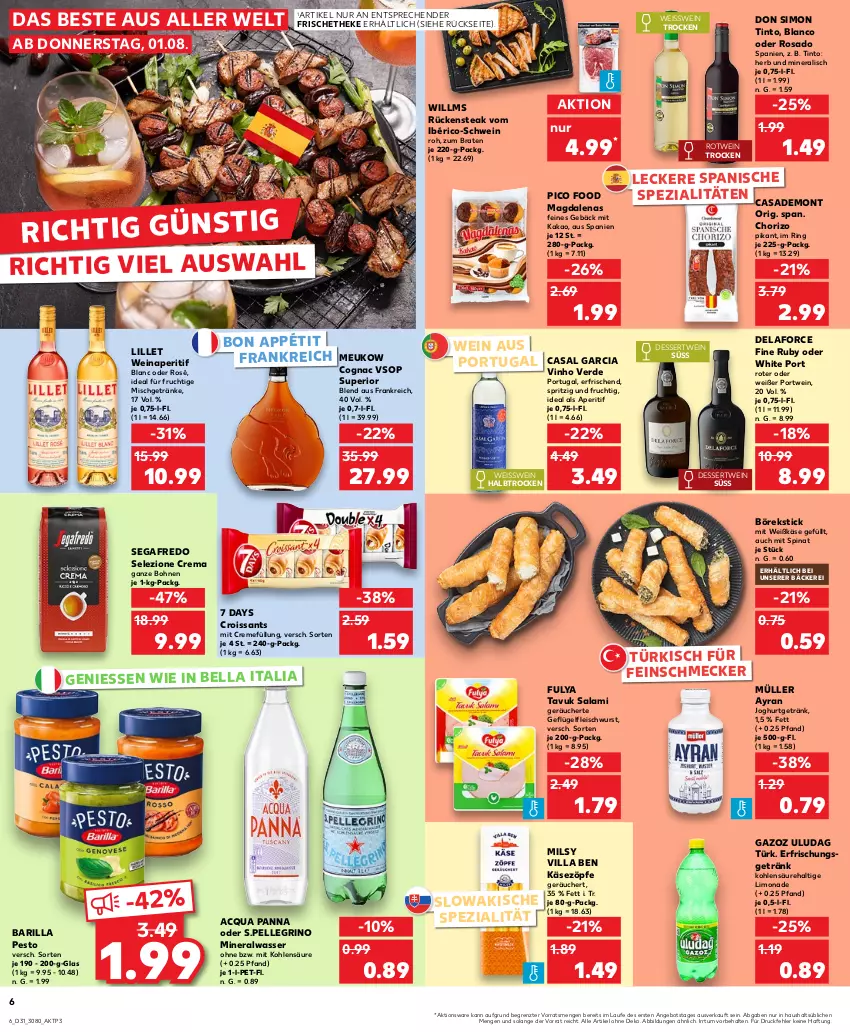 Aktueller Prospekt Kaufland - Prospekt - von 01.08 bis 07.08.2024 - strona 6 - produkty: Alwa, angebot, aperitif, Ayran, barilla, bohne, bohnen, braten, casal garcia, chorizo, Cognac, creme, Croissant, croissants, dessert, eis, elle, erde, erfrischungsgetränk, feinschmecker, fleisch, fleischwurst, frucht, Geflügel, getränk, getränke, joghur, joghurt, kakao, Käse, lillet, limo, limonade, mineralwasser, Müller, pesto, Portwein, ring, rotwein, Rückensteak, salami, schwein, Segafredo, sim, Spezi, spinat, steak, Ti, vinho verde, wasser, wein, wurst, ZTE