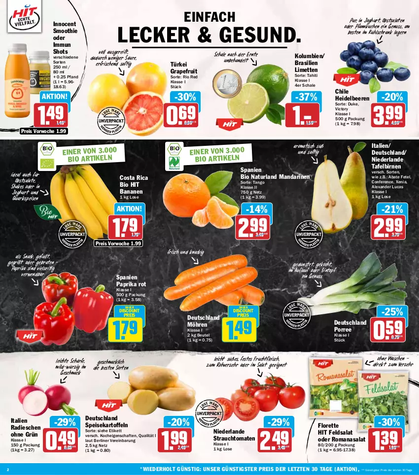 Aktueller Prospekt Hit - Wochenprospekt - von 19.01 bis 24.01.2026 - strona 2 - produkty: alexa, auer, banane, bananen, beere, beeren, berliner, beutel, bio, bio hit, Birnen, braten, discount, eintopf, eis, feldsalat, fleisch, florette, frucht, fruchtfleisch, grapefruit, grill, heidelbeere, heidelbeeren, Innocent, joghur, joghurt, kartoffel, kartoffeln, kuchen, kühlschrank, limette, limetten, mac, mandarine, mandarinen, Mett, metten, möhren, natur, naturland, nuss, obst, paprika, paprika rot, Pfannkuchen, quark, radieschen, Rauch, reis, Romanasalat, rwe, saft, salat, salate, Schal, Schale, Schrank, shake, smoothie, snack, speisekartoffeln, strauchtomaten, tafelbirnen, Ti, tisch, tomate, tomaten, topf, ZTE