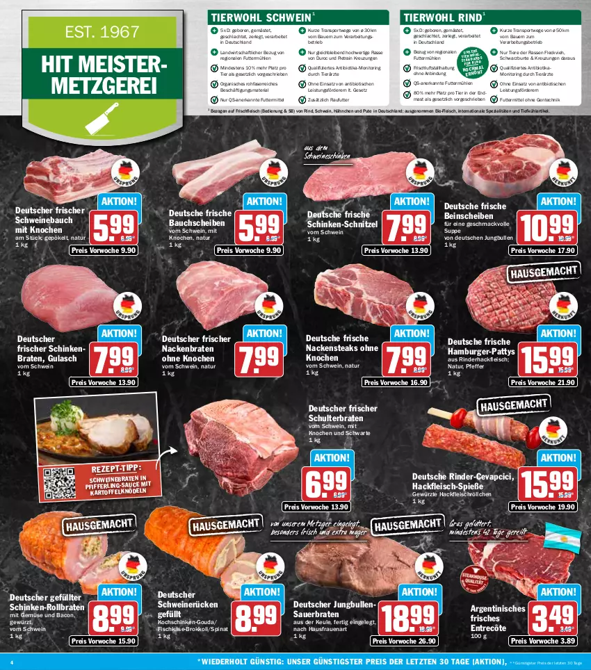 Aktueller Prospekt Hit - Wochenprospekt - von 19.01 bis 24.01.2026 - strona 4 - produkty: auer, bacon, Bau, bauchscheiben, Bauer, bio, braten, brokkoli, burger, cevapcici, eis, ente, entrecôte, fisch, fleisch, Geflügel, gewürz, gouda, gulasch, hackfleisch, hamburger, jungbullen, Käse, kochschinken, mac, Meister, mit gemüse, monitor, Nackensteak, nackensteaks, natur, pfeffer, pute, reis, Ria, rind, rinder, rinderhackfleisch, ring, rollbraten, sauce, schinken, schinkenbraten, schnitzel, schwein, schweine, Schweinebauch, schweinebraten, schweinerücken, Spezi, spinat, Sport, steak, steaks, suppe, Ti, Tiere, tisch, wein, weine, ZTE