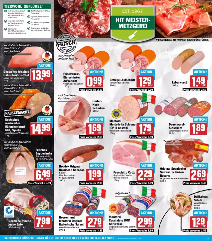 Aktueller Prospekt Hit - Wochenprospekt - von 19.01 bis 24.01.2026 - strona 5 - produkty: ACC, auer, aufschnitt, Bau, Bauer, bier, bierschinken, bio, Brühwurst, brustfilet, buch, dell, eis, elle, ente, filet, Geflügel, gin, hähnchenbrust, hähnchenbrustfilet, hinterkochschinken, hinterschinken, Holz, houdek, kabanos, kochschinken, leberwurst, Meister, monitor, montorsi, mortadella, natur, prosciutto, prosciutto cotto, reis, rezept, Ria, ring, rohschinken, salami, salat, salate, schinken, serrano, serrano schinken, spitzenqualität, suppe, suppen, Suppenhuhn, Ti, Tiere, wurst, ZTE