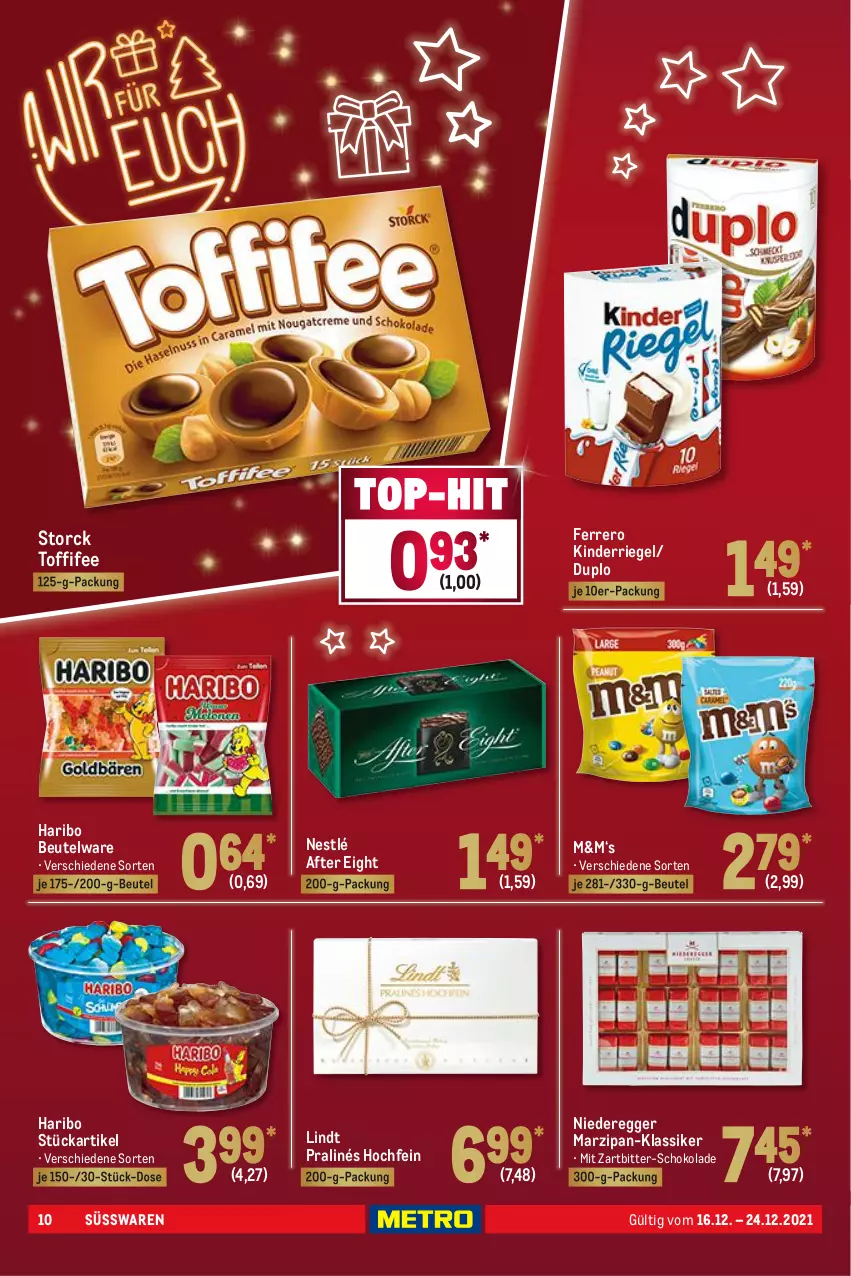 Aktueller Prospekt Metro - Food - von 16.12 bis 24.12.2021 - strona 10 - produkty: after eight, beutel, duplo, Egger, ferrero, haribo, Kinder, lindt, marzipan, nestlé, riegel, schoko, schokolade, storck, süsswaren, Ti, toffifee