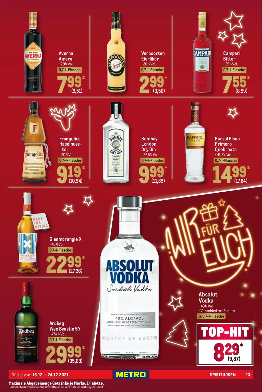 Aktueller Prospekt Metro - Food - von 16.12 bis 24.12.2021 - strona 13 - produkty: Absolut Vodka, amaro, Ardbeg, asti, averna, campari, dry gin, eier, eierlikör, flasche, frangelico, getränk, getränke, gin, haselnuss, likör, london dry, london dry gin, nuss, Palette, spirituosen, Ti, verpoorten, vodka