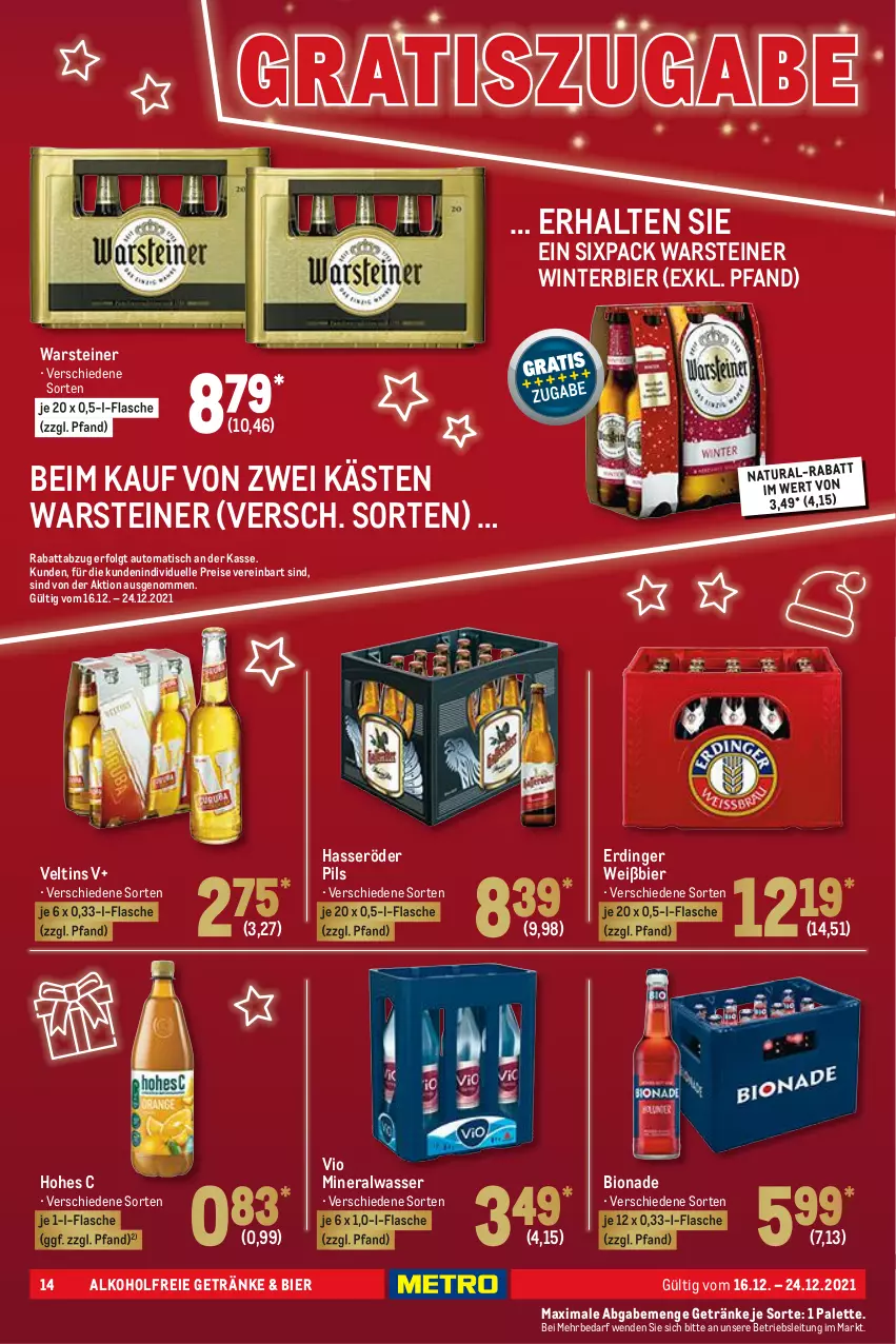 Aktueller Prospekt Metro - Food - von 16.12 bis 24.12.2021 - strona 14 - produkty: alkohol, alkoholfreie getränke, Alwa, auto, bier, bio, bionade, eis, elle, erdinger, flasche, getränk, getränke, hasseröder, Hohes C, LG, mineralwasser, natur, natura, Palette, pils, reis, steiner, Ti, tisch, veltins, warsteiner, wasser