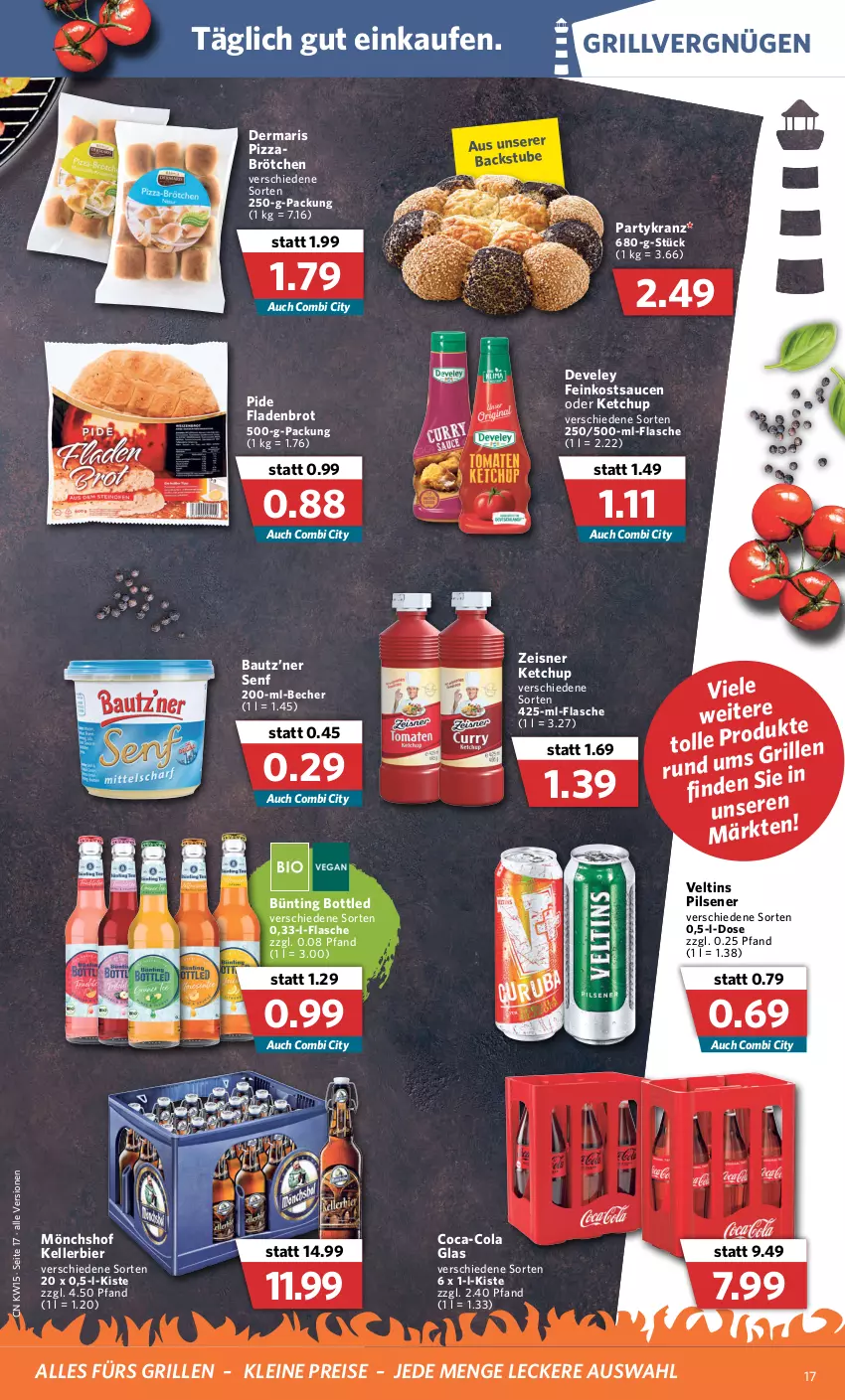 Aktueller Prospekt Combi - Prospekte - von 11.04 bis 16.04.2022 - strona 17 - produkty: Bau, Becher, bier, brot, brötchen, coca-cola, cola, develey, eis, elle, feinkost, Fladenbrot, flasche, grill, kellerbier, ketchup, Kranz, leine, mönchshof, pils, pilsener, pizza, reis, sauce, saucen, senf, stube, Ti, veltins, veltins pilsener