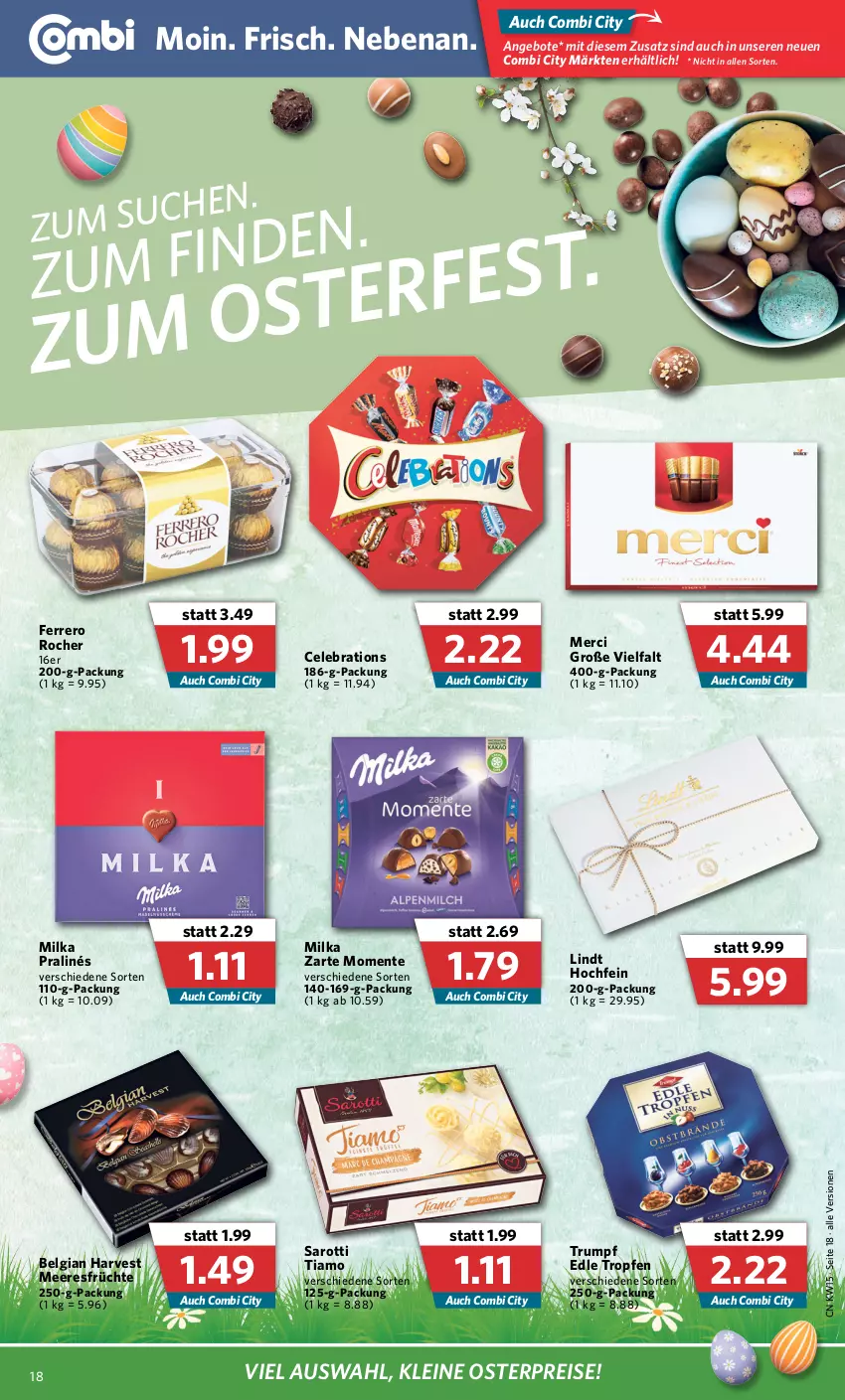 Aktueller Prospekt Combi - Prospekte - von 11.04 bis 16.04.2022 - strona 18 - produkty: angebot, angebote, eis, ente, ferrero, Ferrero Rocher, früchte, leine, LG, lindt, meeresfrüchte, merci, milka, reis, rum, saro, sarotti, Ti