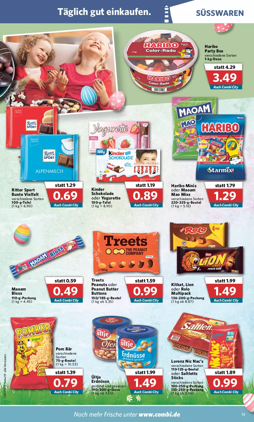 Aktueller Prospekt Combi - Prospekte - von 11.04 bis 16.04.2022 - strona 19 - produkty: beutel, butter, erdnüsse, haribo, Kinder, kinder schokolade, kitkat, lion, lorenz, maoam, oder yogurette, peanut butter, ritter, ritter sport, saltletts, salz, schoko, schokolade, Sport, süsswaren, Ti, ültje, ültje erdnüsse, Yo, yogurette