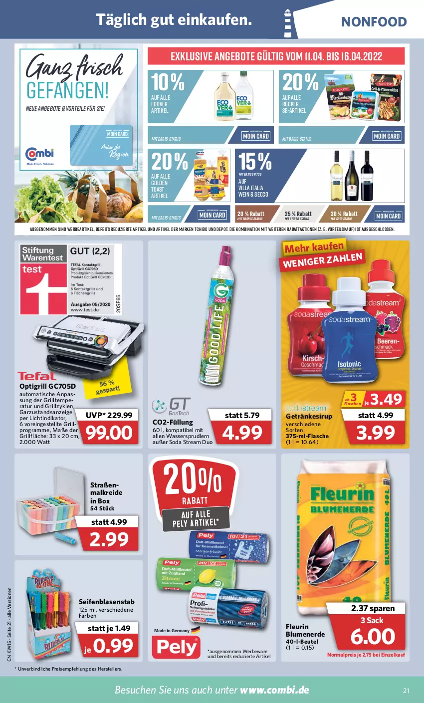 Aktueller Prospekt Combi - Prospekte - von 11.04 bis 16.04.2022 - strona 21 - produkty: angebot, angebote, auto, beutel, blume, blumen, blumenerde, ecco, eis, elle, erde, flasche, getränk, getränke, getränkesirup, golden toast, grill, grillfläche, Kreide, pely, reis, sac, Seife, sirup, Soda, Tchibo, teller, Ti, tisch, toast, wasser, wassersprudler, wein