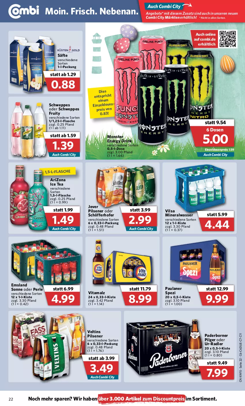 Aktueller Prospekt Combi - Prospekte - von 11.04 bis 16.04.2022 - strona 22 - produkty: Alwa, angebot, angebote, discount, drink, eis, energy drink, flasche, ice tea, jever, jever pilsener, LG, malz, mineralwasser, monster, Monster Energy, Paula, paulaner, pils, pilsener, radler, reis, säfte, schöfferhofer, schweppes, Spezi, Ti, veltins, veltins pilsener, vilsa, vita, vitamalz, wasser