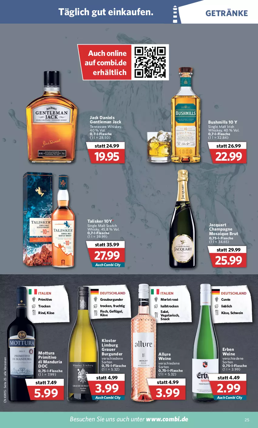 Aktueller Prospekt Combi - Prospekte - von 11.04 bis 16.04.2022 - strona 25 - produkty: auer, brut, burgunder, champagne, cuvée, fisch, flasche, frucht, Geflügel, getränk, getränke, grauburgunder, grauer burgunder, irish whiskey, jack daniel, jack daniels, Käse, merl, merlot, primitivo, Ria, rind, salat, schwein, scotch, scotch whisky, single malt, snack, tennessee whiskey, Ti, Vegeta, wein, weine, whiskey, whisky