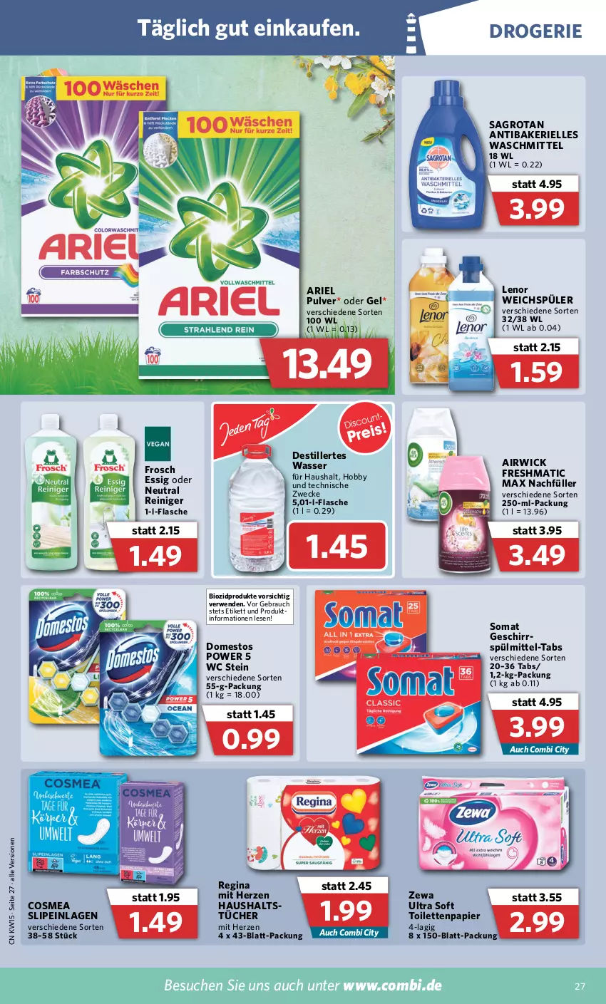 Aktueller Prospekt Combi - Prospekte - von 11.04 bis 16.04.2022 - strona 27 - produkty: airwick, ariel, bio, biozidprodukte, cosmea, domestos, elle, essig, flasche, Frosch, geschirr, gin, Hobby, lenor, lenor weichspüler, papier, Rauch, reiniger, rwe, sagrotan, slip, slipeinlagen, somat, spülmittel, Ti, toilettenpapier, tücher, waschmittel, wasser, weck, weichspüler, WICK, zewa