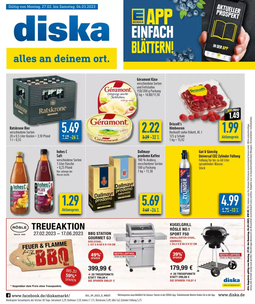 Aktueller Prospekt Diska - Prospekte - von 27.02 bis 04.03.2023 - strona 1 - produkty: aktionspreis, angebot, angebote, beere, beeren, bier, dallmayr, dallmayr prodomo, deka, eis, elle, flasche, grill, himbeer, himbeere, himbeeren, kaffee, Käse, krone, Kugel, kugelgrill, LG, nuss, prodomo, reis, rösle, saft, Schal, Schale, Sport, Sprudel, Ti, wasser, ZTE